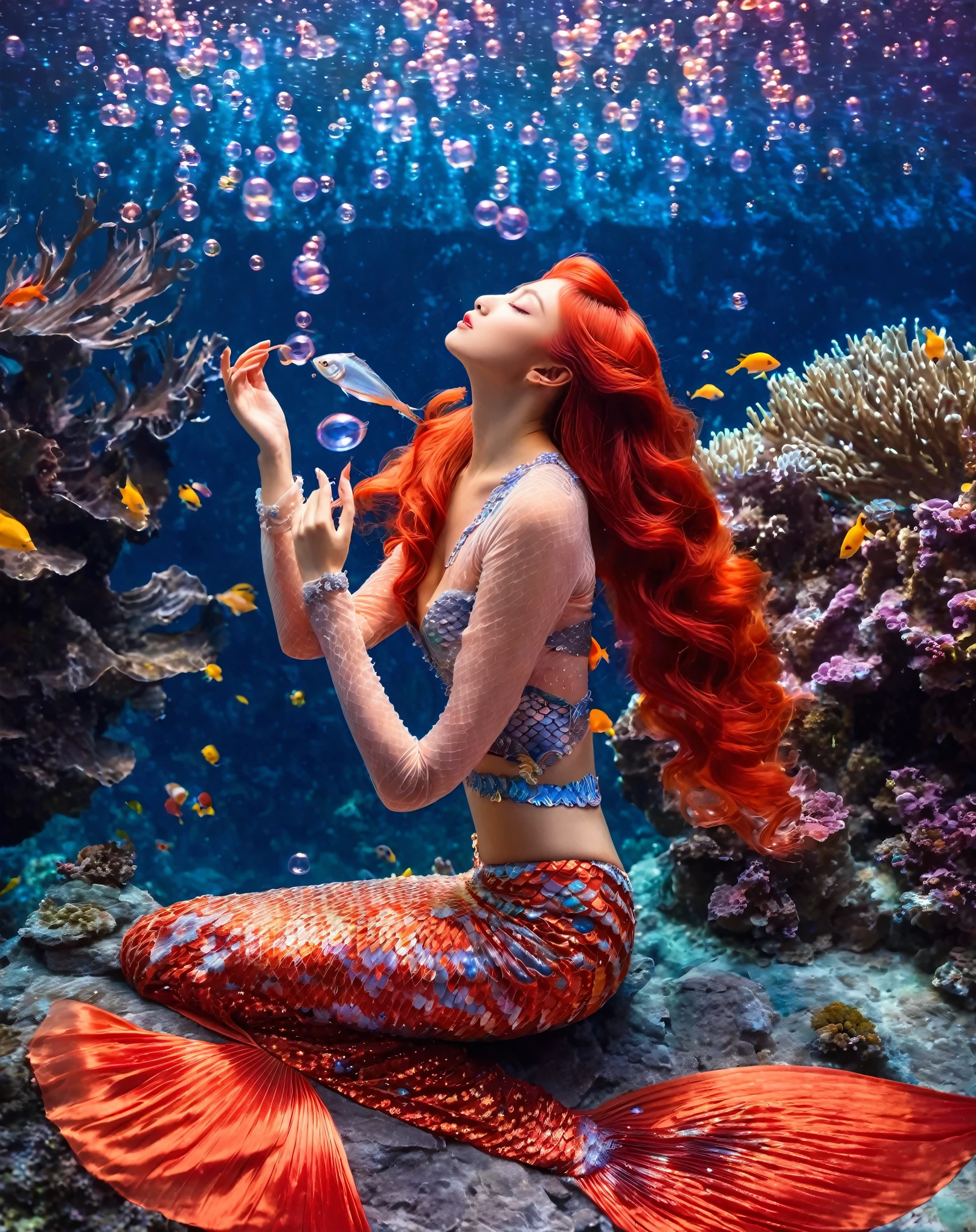 a beautiful mermaid singing with head tilted back and eyes closed, solo，full body portrait, intricate fish scale patterned tight fitting top, semi-transparent silk long sleeves, sitting on coral, beautiful fish tail, red hair, bubbles, luxurious underwater coral world, lighting effects, xianxia