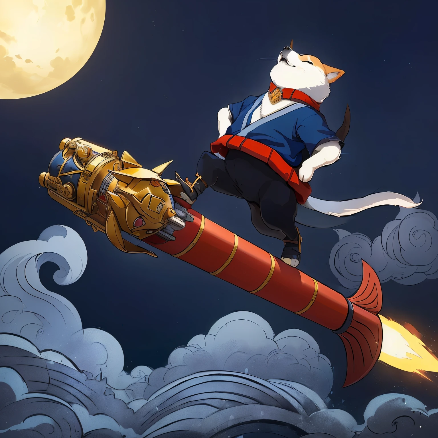 A cartoon Shiba Inu flying on a dragon head rocket, Inspired by Miao Fu, Moogle from The Legend of Korra, Anthropomorphic Shiba Inu Ninja, Miyazaki's style, Inspired by Gong Xian