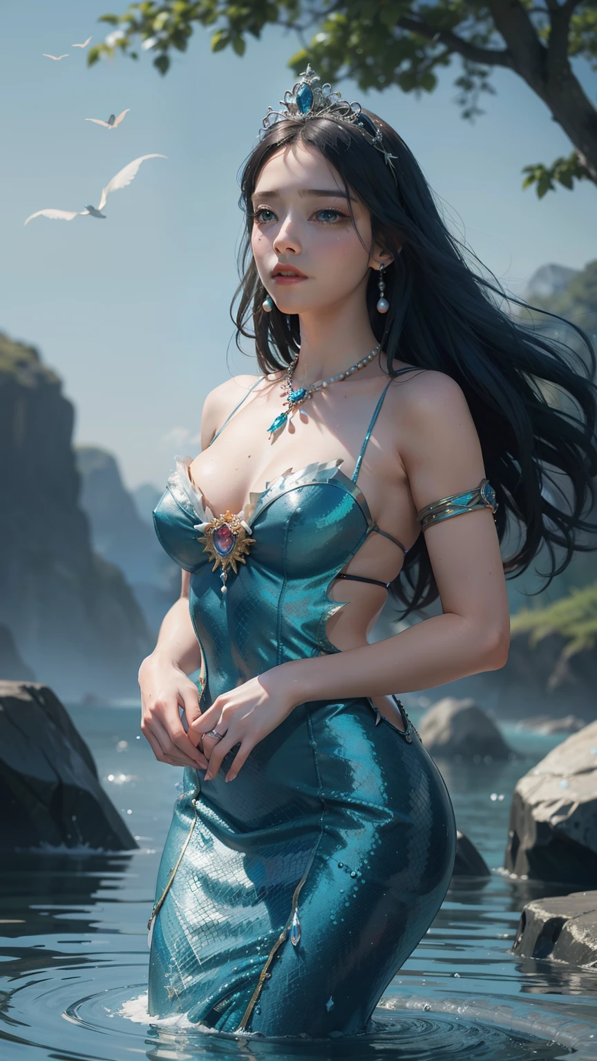 Mermaid Princess of Sorrows, Masterpiece:1.4, Ultra-detailed, Realistic:1.37, Photorealistic:1.5, Exquisitely designed, Tears streaming down her ethereal face, Iridescent scales shimmering with every subtle movement, Deep blue tail fin billowing, Ravishingly beautiful, Large, expressive eyes brimming with untold sorrow, Vivid colors of her lament echoing in the quiet waters, A crown of pearls and seashells adorn her heart-wrenching visage, Post-processed with HDR, Ray tracing, and NVIDIA RTX for maximum clarity and sharpness,