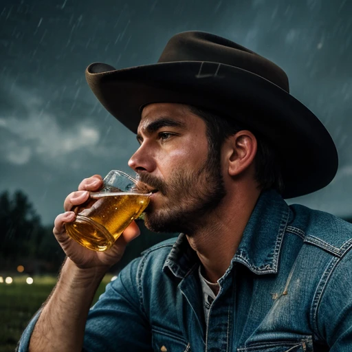 ((Masterpiece)) ((High resolution)) (1:1) Sad cowboy drinking a beer in the rain in the night starry sky