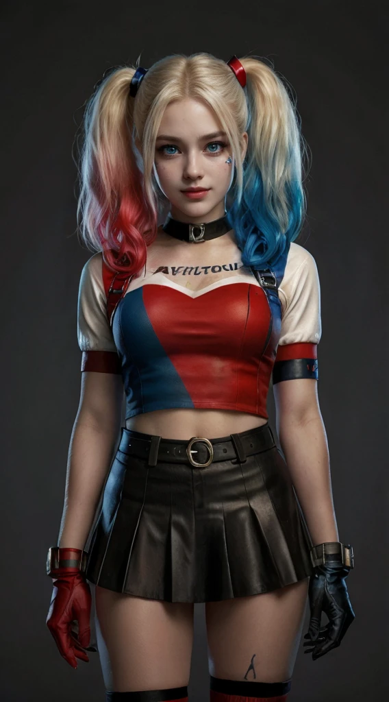 HarleyQuinn, light blue eyes, (best quality,ultra-detailed),(Realistic:1.37), beautiful and detailed face, Ultra-realistic texture, delicate face, athletic body, vivid colors. High definition, 8K, psycho smile expression