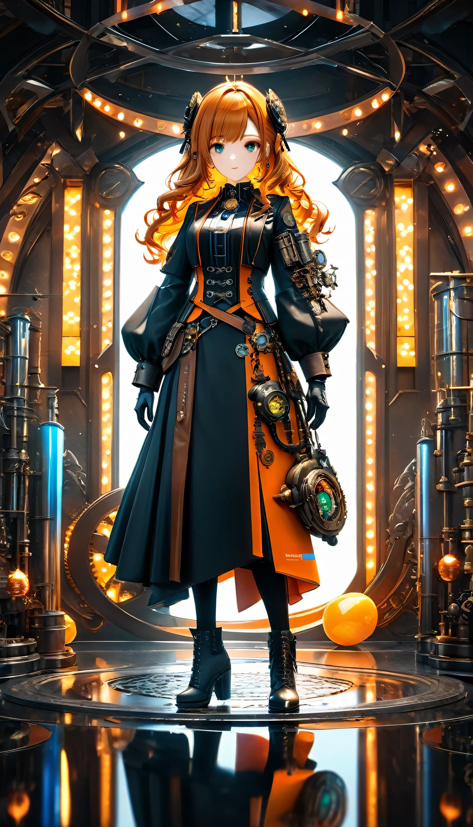 (Masterpiece, professional work, award winning), ultra realistic illustration, centered, mid shot, full body front view, looking toward camera, biochemical android steampunk, dynamic pose, orange long wavy hair, expressive, beautiful bang, ultra detailed steampunk museum vibrant colors create a hype realistic color splash art, Unreal minimalism with octane render creates depth of field with bokeh. Style: A sculpture made with bronze, using a combination of traditional techniques and 3D modeling, (Ultra detailed, finest detail, intricate), (Epic composition, epic proportion, epic fantasy), cinematic lighting, volumetric lighting, studio lighting, neon light, global illumination, (depth of field:0.4, blur, bloom:0.2), reflection, hard shadow, contrast, vibrant color, RAW photo, photography, UHD,