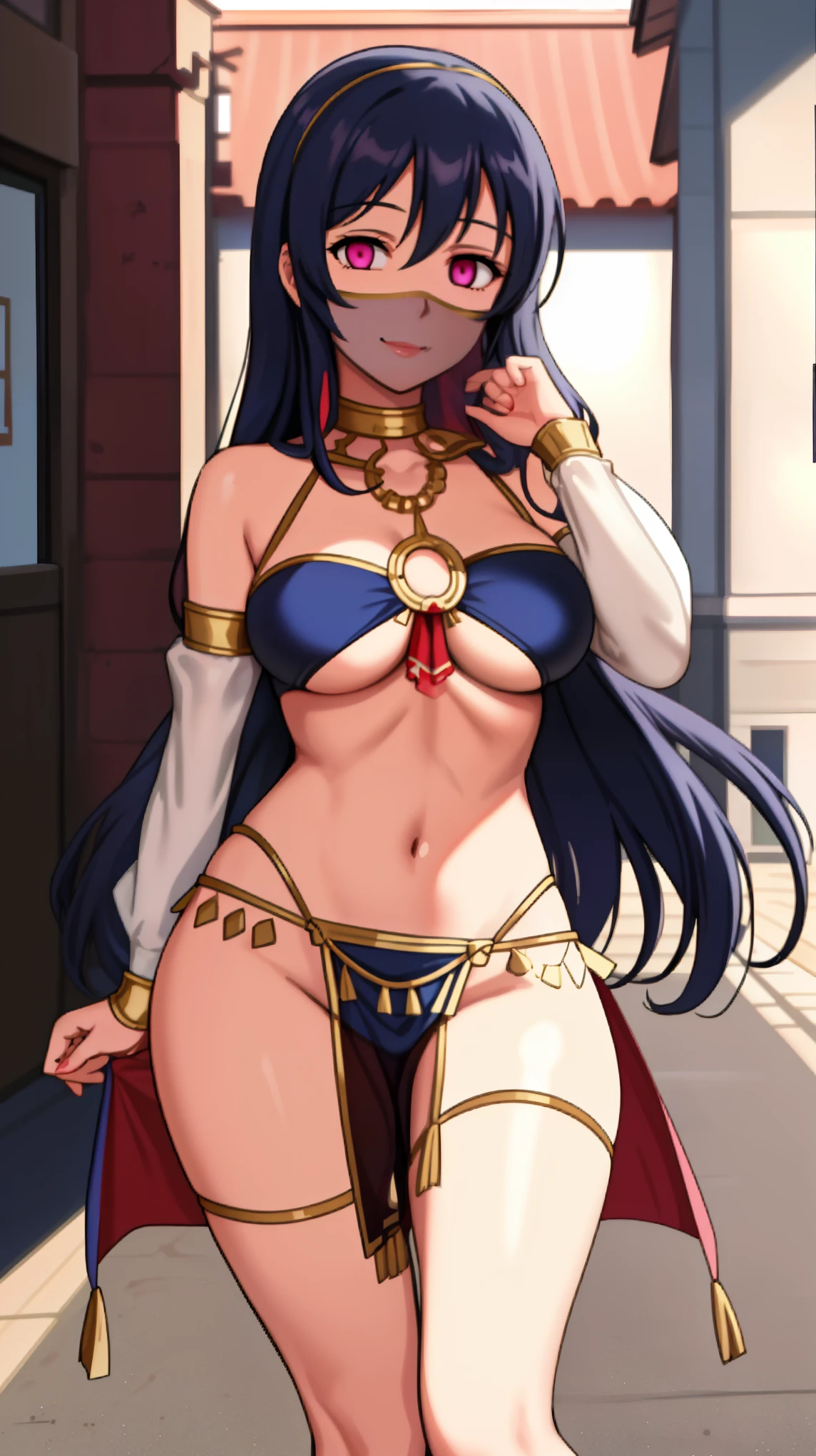 1 girl,NsfW, dnc_glam, mouth veil , wearing belly dancer costumes,Lewd Dancer, Black costume,((Evil costume)),Umi Sonoda,(lovelive！),((Huge breasts 1.8)), clavicle, Glowing purple eyes,Absurd, brainwashing,Hollow Eyes, ((Expressionless, Emotional removal)),avert your eyes , Full body portrait, Outdoor,Dim Alley,night, (highest quality、4K、8k、High resolution、Must have:1.2)、Very detailed、(reality、reality的なです、reality的な:1.37)、Ticker、Hyper HD、Studio Lighting、Ultra High Definition Paint、Sharp focus、Physically Based Rendering、Extreme Detail、Professional specifications、Vibrancy and color、Blurred、Sports portrait、landscape、Horror Style、Anime Big Tits、sf、photograph、Concept Artist、Five Fingers, Perfect body,  {{{masterpiece}}}, {{{highest quality}}}, {{Very detailed}}, {shape}, {{Very delicate and beautiful}},Improved cost performance、All Roles、Canon 5D MK4でphotograph、photograph, 