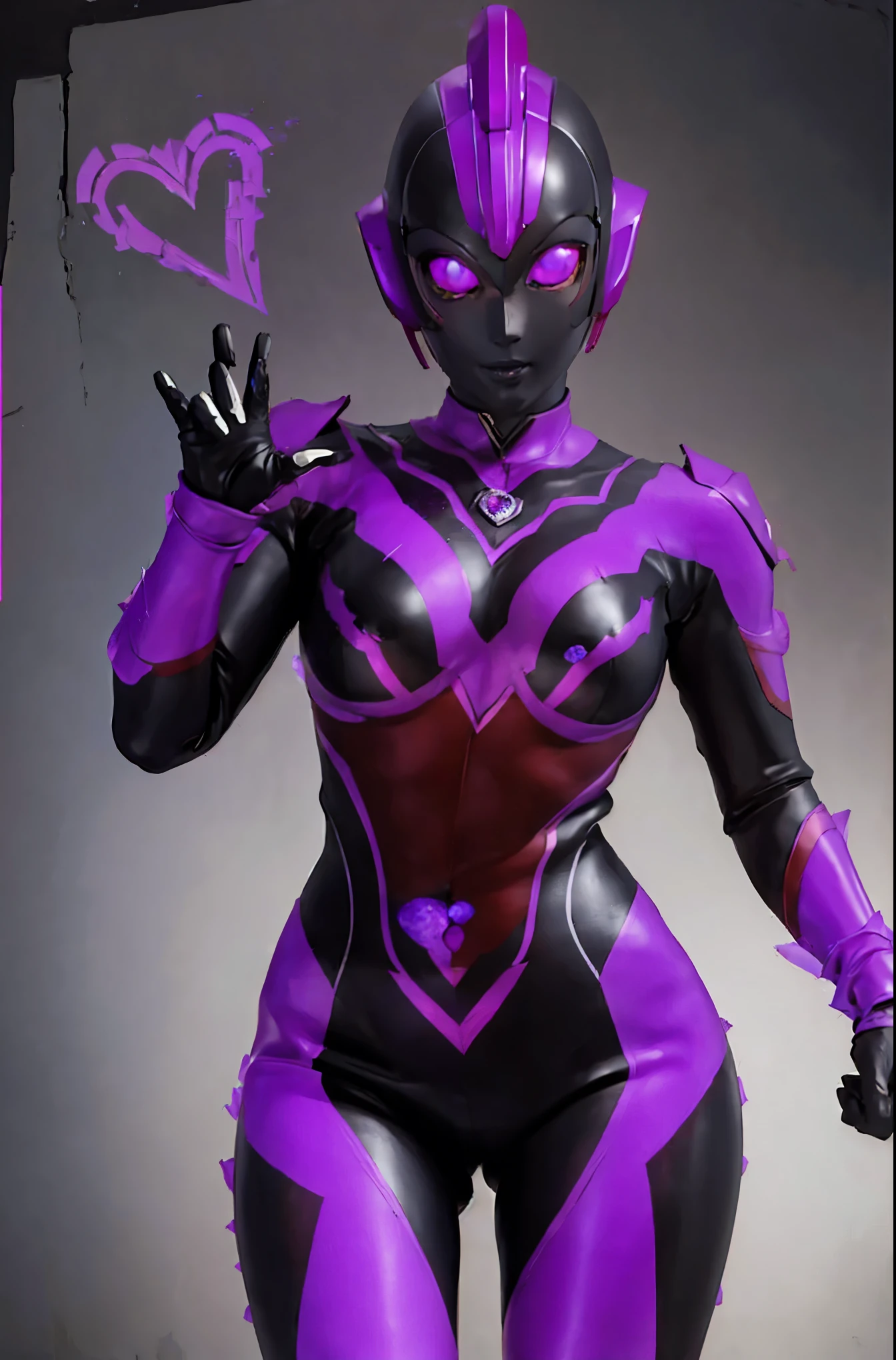 Ultraman Woman. (high quality)(luster)((Black Face and red eyeline))(Black and purple thema color)women only. The whole body is covered with a black bodysuit. Spike decoration. Pink lines all over the body. Heart tattoo in belly. purple coloreye. pink glow crystal. Lift both hands. pink sharp claw. sexy pose. Emphasize the belly button. dark background.