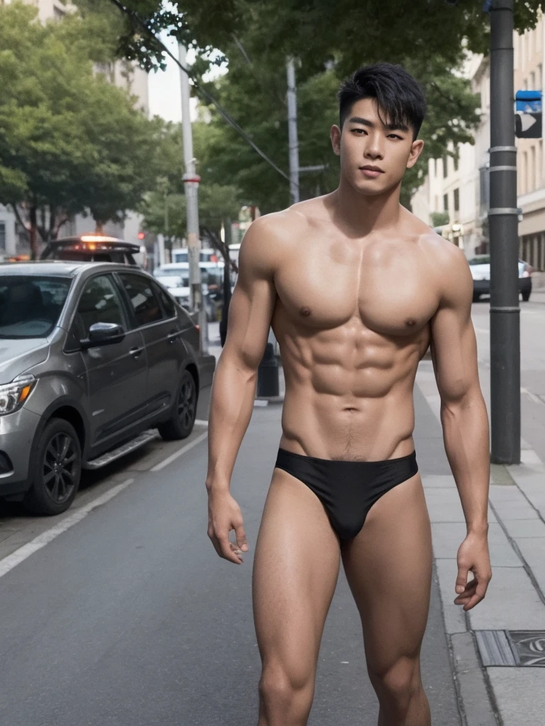 1boy,one handsome man,Asian,(head turned, looking at viewer:1.5),(short black hair:1.3),perfect hands,five fingers on each hand,black boots,(sexy bikini thong:1.3), (pubes: 1.3), shirtless, topless,muscular,(manly pose on the street:1.5),street,day,daytime,natural lighting,outdoor,best quality,masterpiece,ultra highres,photorealistic,realistic,