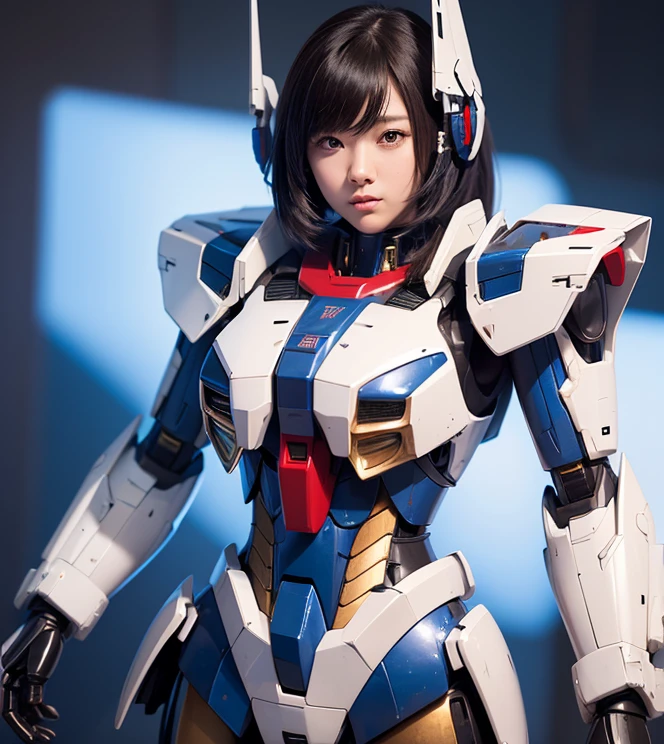 Textured skin, Super Detail, high details, High quality, Best Quality, hight resolution, 1080p, hard disk, Robot Girl,(Gundam Girl),beautiful cyborg woman,Mecha Cyborg Girl,Battle Mode,Girl with a Mecha Body,She wears a futuristic Gundam mecha,Fulll body Shot,Mobile Suit Girl