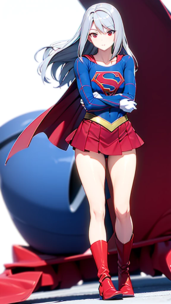 (full body), (masterpiece:1.2), (Highest_quality:1.2), (Ultra_detailed:1.3), 8k,Low - Angle，From below，Big Butt Girl, Medium chest, Pose in front,Bare legs，Red Boots，3D Rendering,( Supergirl)，Silver Hair，Long Hair，Red eyes，Red Skirt，the skirt is short,，A blue leotard is visible under the skirt.，The skirt is blown up by the wind，Red Cape，Gloves，Simple Background，White Background，