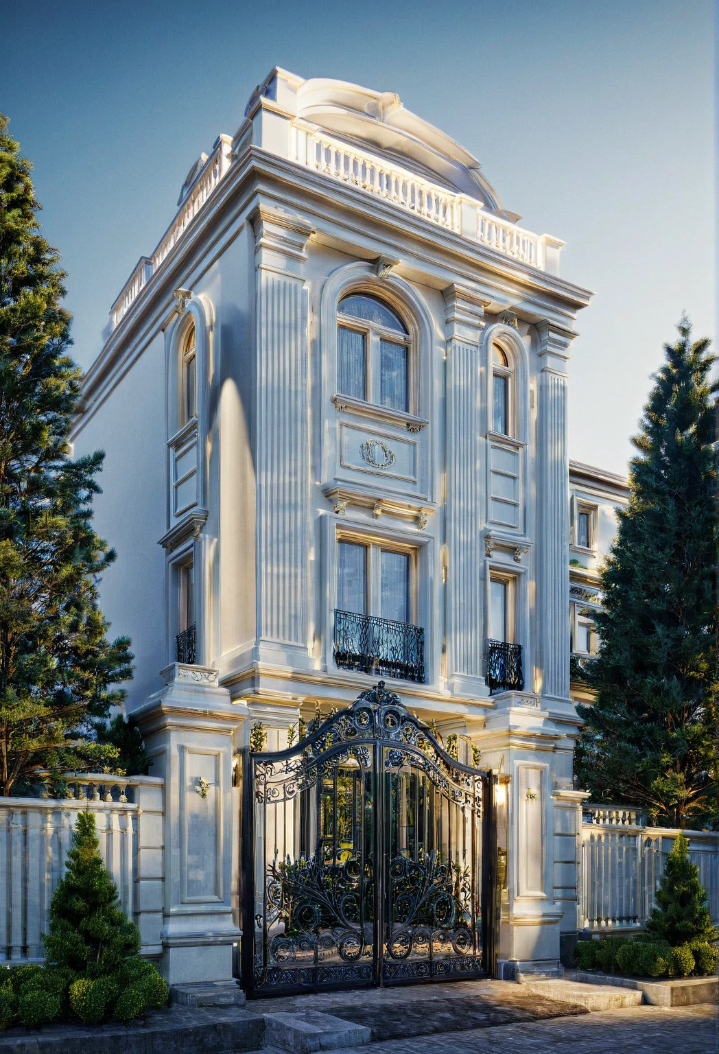 RAW photo, masterpiece, arafed house with a car parked in front of it, neo - classical style, rendered in lumion pro, classicism style, classicism artstyle, lumion render, rendered in lumion, architectural visualization, neoclassical style, in style of classicism, white light sun, rendered in vray, rendered in v-ray, rendered in unreal engine 3d, (photorealistic:1.2), best quality, ultra high res, exterior, architechture,modern house,(white wall:1.5), (detail gate black:1.4), (photorealistic:1.5), best quality, ultra high res, exterior,architechture,neoclassic house,(white wall:1.2), (detailed reliefs:1.2), (The front 1st floor has 4 windows), (the right side 1st floor has 4 windows), (the main side has three-step stairs), (the right side has three-step stairs) ,glass windows,,trees,traffic road, blue sky,in the style of realistic hyper-detailed rendering, luxury neoclassical villa, in the style of neoclassical scene, glass windows, (white navy roof:1.2), best quality, (straight strokedetail:1.1) roof top, (Intricate lines:1.5), ((Photorealism:1.5)),(((hyper detail:1.5))), archdaily, award winning design, (dynamic light:1.3), (night light:1.2), (perfect light:1.3), (shimering light :1.4),  refection glass windows, (curved line architecture arch:1.2), trees, beautiful sky, photorealistic, FKAA, TXAA, RTX, SSAO, Post Processing, Post-Production, CGI, VFX, SFX, Full color,((Unreal Engine 5)), Canon EOS R5 Camera + Lens RF 45MP full-frame CMOS sensor, HDR, Realistic,8k,((Unreal Engine 5)), Cinematic intricate detail, extreme detail, science, hyper-detail, FKAA, super detail, super realistic, crazy detail, intricate detail, nice color grading, reflected light on glass, eye-catching wall lights, unreal engine 5, octane render, cinematic, trending on artstation, High-fidelity, Viwvid, Crisp, Sharp, Bright, Stunning, ((Lifelike)), Natural, ((Eye-catching)), Illuminating, Flawless, High-quality,Sharp edge rendering, medium soft lighting, photographic render, detailed archviz