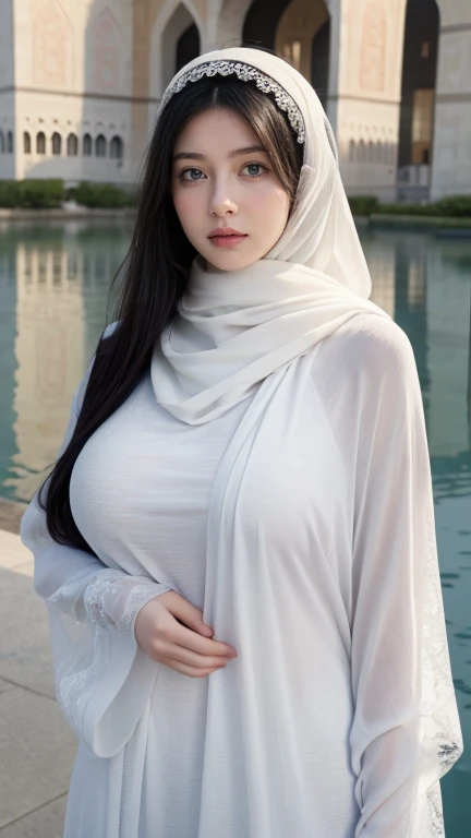 (Masterpiece, top quality, best quality, official art, beautiful and aesthetic: 1.2)
(1girl)
(Hyuga Hinata from Naruto anime, long black hair, radiant white eyes, captivating with Byakugan eyes)
(Beautiful, ethnic allure in Black clothes)
(Majestically posing against a mosque background, wearing a hijab that covers her head)
(Ultra detail, realistic representation of fabric texture, wrinkles, and intricate hijab design)
(Her mesmerizing eyes reflecting tranquility and strength, gaze fixed on the viewer)
Proportional body, perfect body figure, alluring, glamorous, sexy, portrait, big breasts,