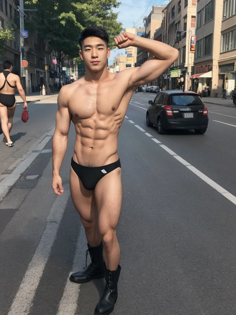 1boy,one handsome man,Asian,(head turned, looking at viewer:1.5),(short black hair:1.3),perfect hands,five fingers on each hand,black boots,(y bikini thong:1.3), (pub.3), shirtless, topless,muscular,(manly pose  on the street:1.5),street,day,daytime,natural lighting,outdoor,best quality,masterpiece,ultra highres,photorealistic,realistic,
