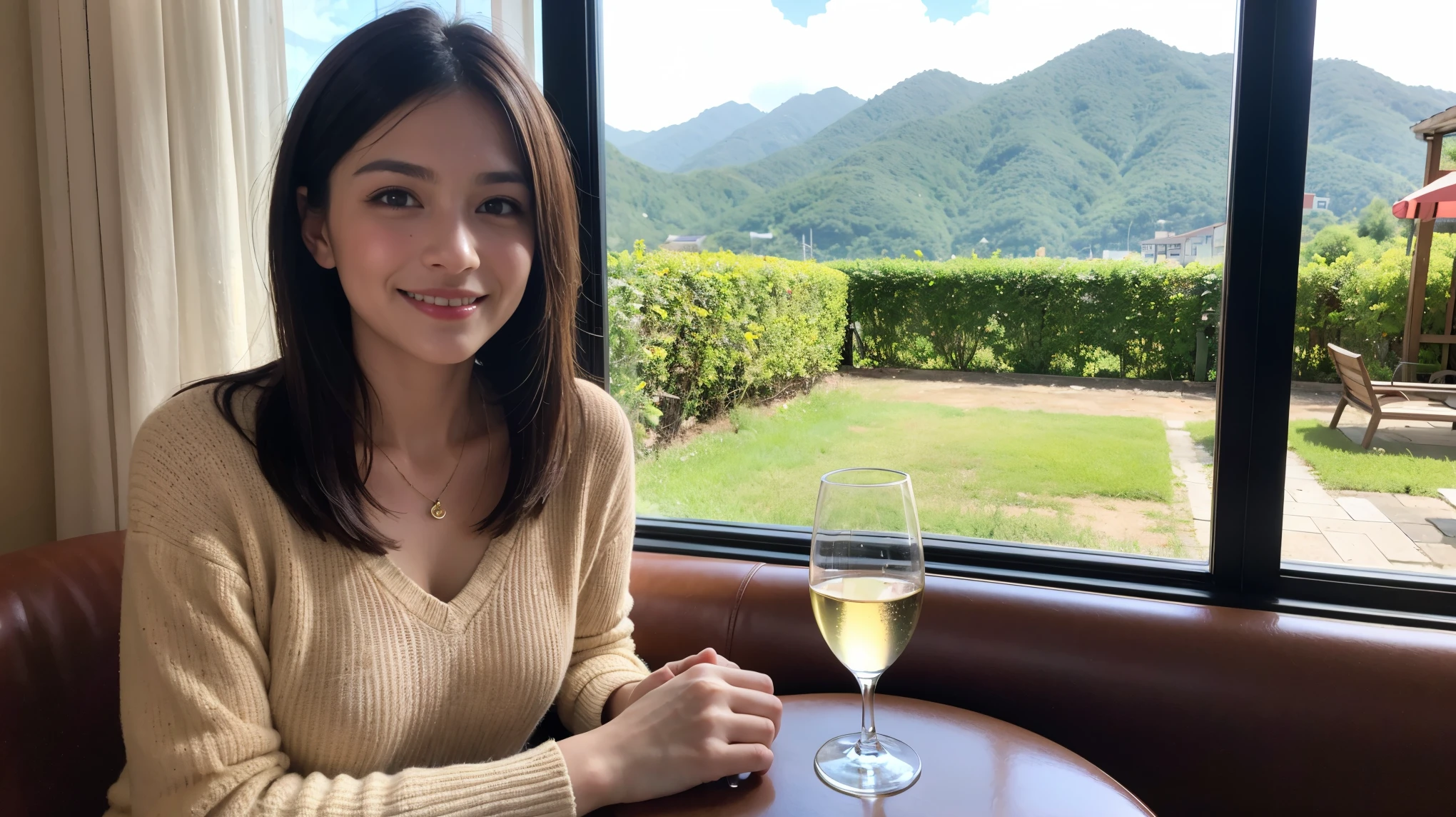 ((Highest quality、8k、masterpiece:1.3))、cute、Slim couple、Model Couple、Actress、(Realistic, Intricate details:1.2), full-course dinner、Wine 、Amazing view of the sunset sky and clouds、A bright smile、short hair,Bright Face、 (45 years old), 48 years old, 赤Wine 、Appetizers、Italian food、Wine bottle、Champagne、スパークリングWine、Two beauties、Brown Hair、Shortcuts、Long sleeve shirt、dress、Beautiful woman 1, (Slim face), (The body is slim), (Brown Hair), (Shortcuts), cheeks turn a little red,Attractive beauty、restaurant, In a prominent place (From the waist up) Nova Frog Style, actress, model, Upper Body, 白Wine, slim, Wineグラス, 中央に置かれたWineグラス, smile, (smile: 1.15), Beautiful fine grain, Depth f/2,saturation, High Contrast, Strong light and shadow,Moist Body:1.5、3D texture、Delicate eyes、Brown Hair、The hair is very shiny、