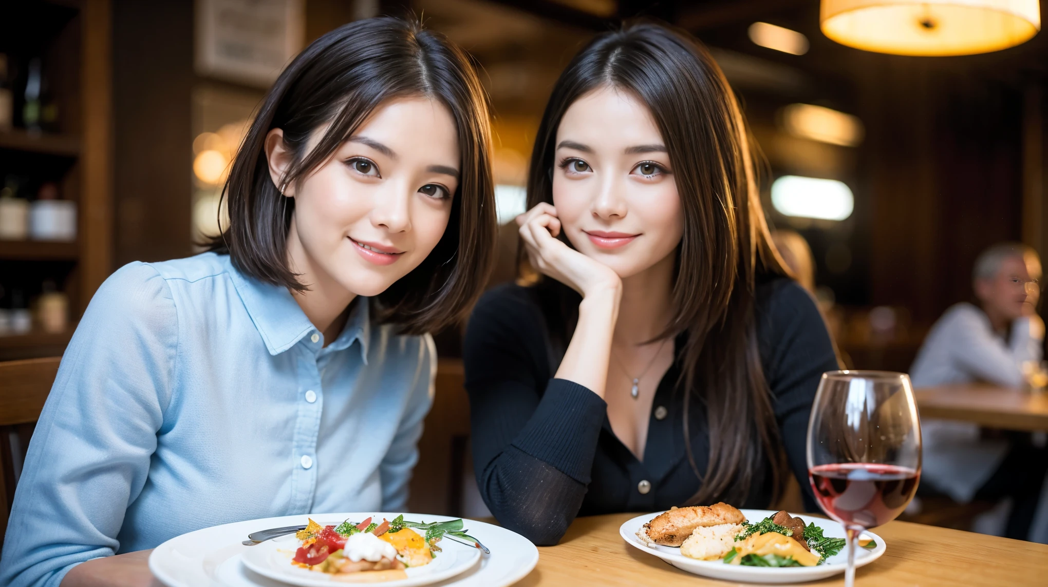 ((Highest quality、、masterpiece:1.3))、1 male、1 female、spouse、Beautiful couple、smile、full-course dinner、 (Slim face), (the body is スリム), (Brown Hair), (Shortcuts), ((Bob Hale、Straight hair:1.2)), テーブルの上のwine glass、Shine light on your face、 Amazing view of the sunset sky and clouds、smileの美しさ、Bright image、Blushing, Shortcuts, (43 years old), 39 years old, Appetizers、Italian food、Wine bottle、Champagne、sparkling wine、Long sleeve shirt、dress、Attractive beauty、restaurant, Nova Frog Style, actress, model, Upper Body, White wine, red wine, wine glass,