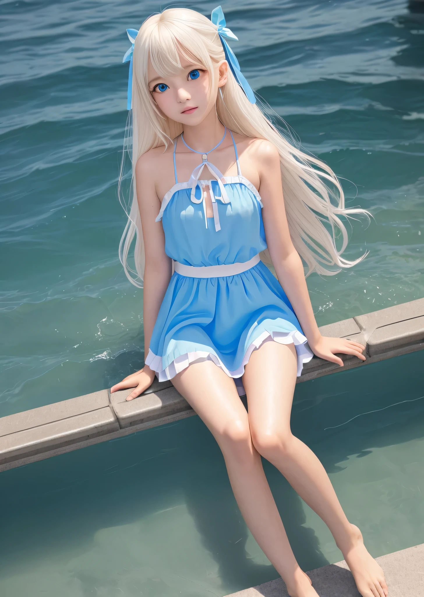 girl with long white hair sitting on a swing, white and purple dress, loving expression, blushing, blue eyes, sunset, medium breast, heart choker, off shoulder, cleavage, beautiful asian young girl,attractive pose, asian girl, best quality, masterpiece, high_res, 1girl, hair ornament, upon body, tyndall effect, photo realistic, rim lighting, two tone lighting, (high detailed skin:1.2), 8k uhd, dslr, soft lighting, high quality, volumetric lighting, candid, Photograph, high resolution, 4k, 8k, blonde hair, beach side, white hair ribbon, rose patterns stocking, see through dress