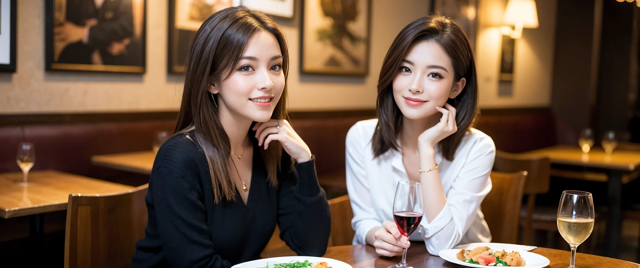 ((highest quality、8k、masterpiece:1.3))、1 male、1 female、Couple、spouse、Couple、Slim body、((Bob Hale、Straight hair:1.2)), (Realistic, Intricate details:1.2), Wine glass on the table、Shine light on your face、 Amazing view of the sunset sky and clouds、Amazing mountain views、A bright smile、The wonderfulness of smile、Bright image、The beauty of wine, Beautiful Face, blue eyes, The light shines on your face, Blushing, short hair,Bright Face、 (Age 37), 39 years old, red wine 、Appetizers、Italian food、Wine bottle、Champagne、sparkling wine、Two beauties、Brown Hair、Shortcuts、Long sleeve shirt、dress、Pretty Woman 1, (Slim face), (The body is slim), (Brown Hair), (Shortcuts), cheeks turn a little red,Attractive beauty、restaurant, In a prominent place (From the waist up) Nova Frog Style, actress, model, Upper Body, White wine, slim, wine glass, Wine glass placed in the center, smile, (smile: 1.15), Beautiful fine grain, Depth f/2,saturation, High Contrast, Strong light and shadow,Moist Body:1.5、3D texture、Delicate eyes、Brown Hair、The hair is very shiny、