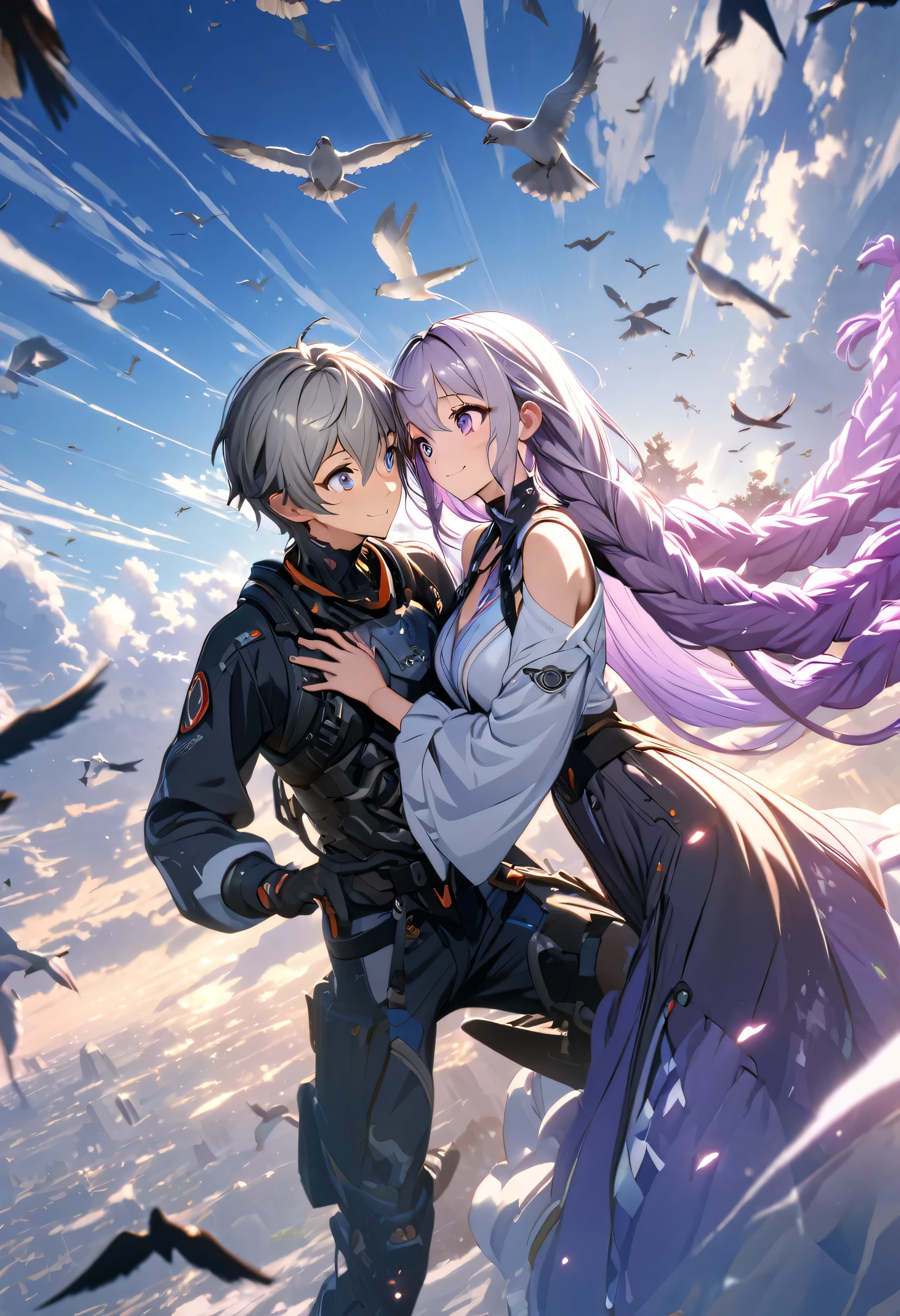 masterpiece, best quality, (Very detailed CG Unity 8k wallpaper), (best quality), (Best Illustration), up in the air, White Cloud，Blue sky，fly，(A couple, beautiful girl and boy), Big watery eyes, Look at each other, Purple Hair,Purple Eyes,Very long hair,Gray hair,Double braid,Gradient hair, Smile, Pretty Face, Surrounded by birds, Glowing particle effect，Octane Rendering, Ray tracing, Super detailed