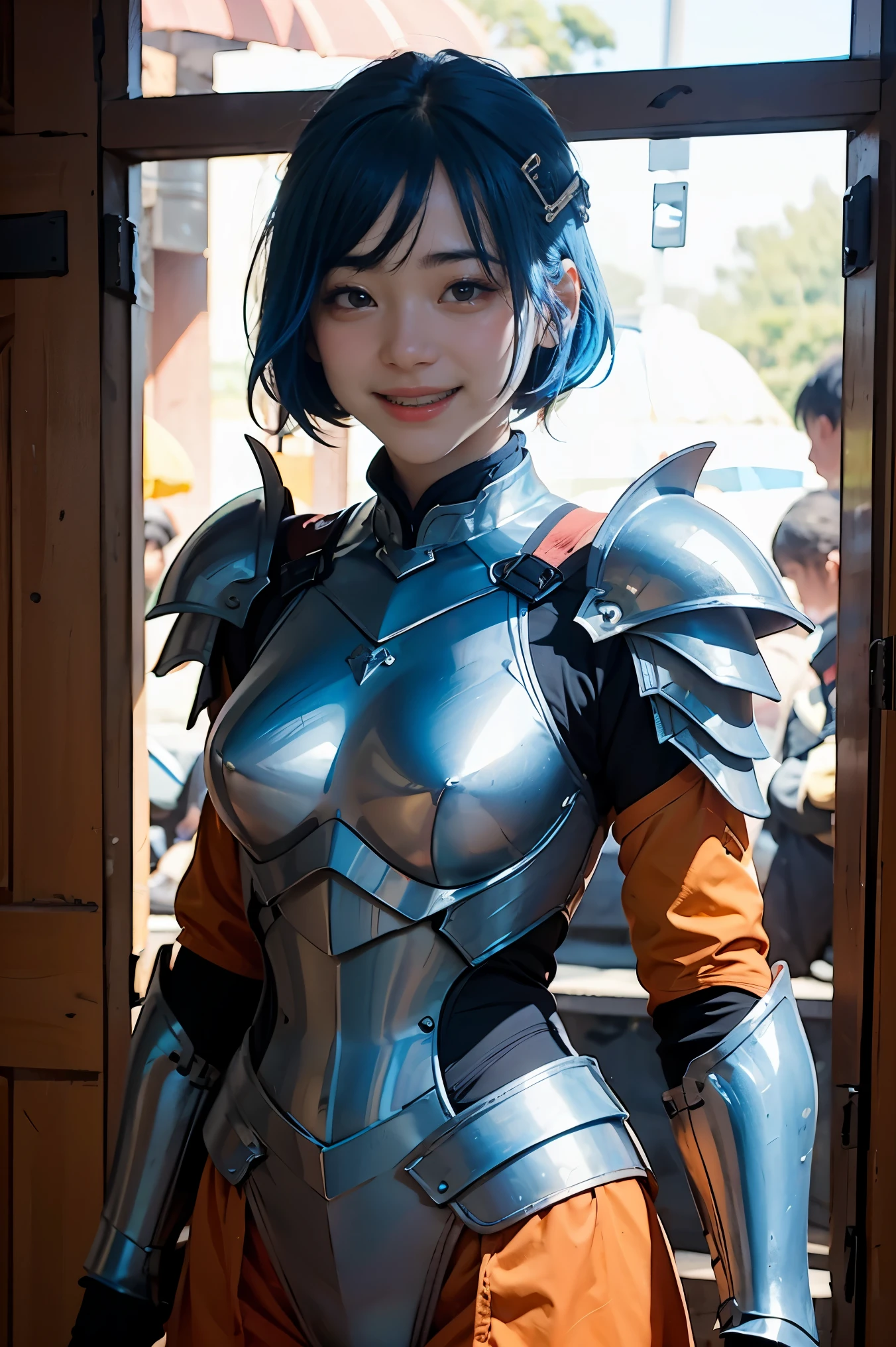 Masterpiece, best quality, Gwendolin_Tennyson, short orange hair, Lateral smoothness, blue hair clip, laugh, Blue Armor