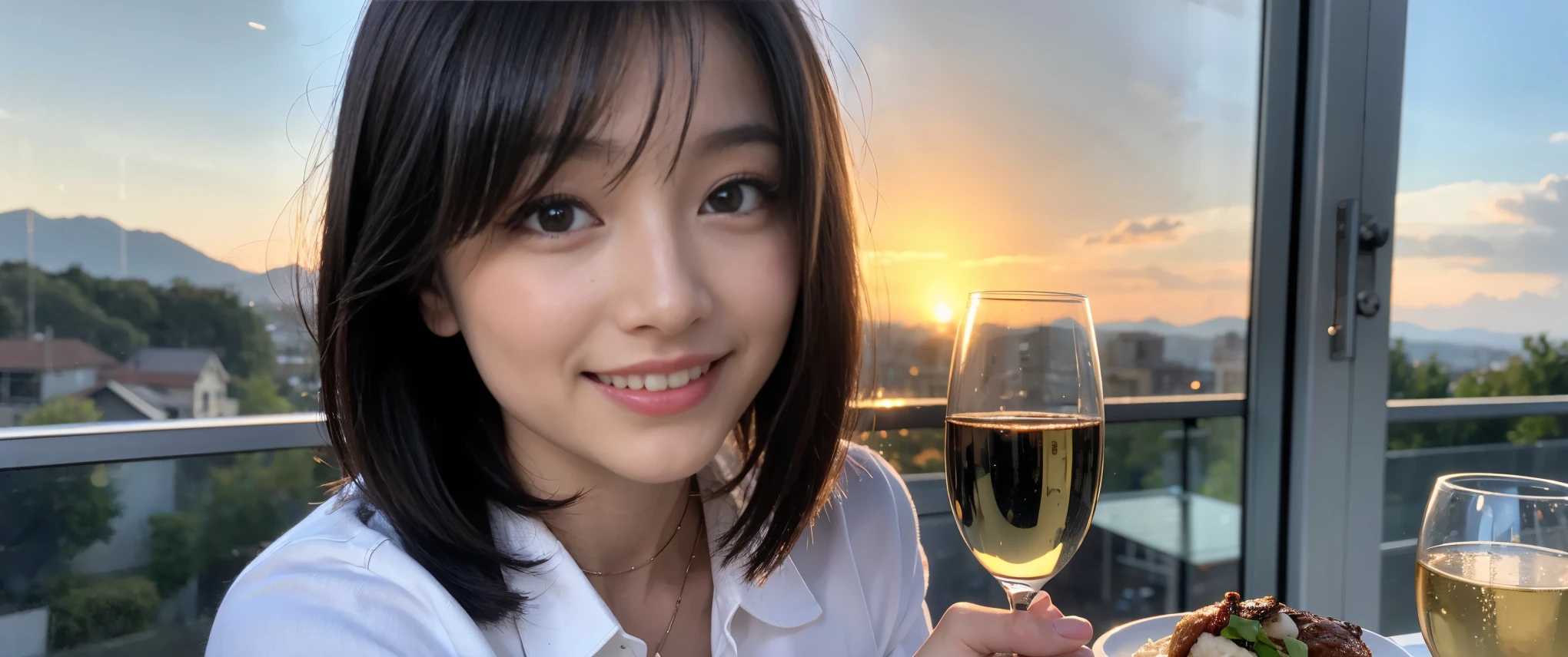 ((highest quality、8k、masterpiece:1.3))、1 male、1 female、Couple、spouse、Couple、Slim body、((Bob Hale、Straight hair:1.2)), (Realistic, Intricate details:1.2), Wine glass on the table、Shine light on your face、 Amazing view of the sunset sky and clouds、Amazing mountain views、A bright smile、The wonderfulness of smile、Bright image、The beauty of wine, Beautiful Face, blue eyes, The light shines on your face, Blushing, short hair,Bright Face、 (Age 37), 39 years old, red wine 、Appetizers、Italian food、Wine bottle、Champagne、sparkling wine、Two beauties、Brown Hair、Shortcuts、Long sleeve shirt、dress、Pretty Woman 1, (Slim face), (The body is slim), (Brown Hair), (Shortcuts), cheeks turn a little red,Attractive beauty、restaurant, In a prominent place (From the waist up) Nova Frog Style, actress, model, Upper Body, White wine, slim, wine glass, Wine glass placed in the center, smile, (smile: 1.15), Beautiful fine grain, Depth f/2,saturation, High Contrast, Strong light and shadow,Moist Body:1.5、3D texture、Delicate eyes、Brown Hair、The hair is very shiny、