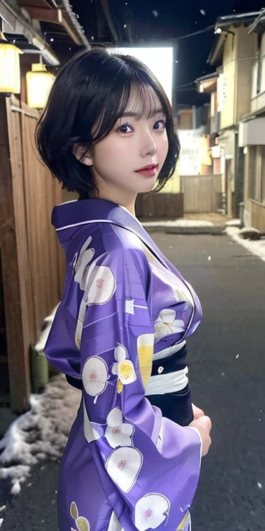 (Purple translucent Kimono)、(top-quality,​masterpiece:1.3,超A high resolution,),(ultra-detailliert,Caustics),(Photorealsitic:1.4,RAW shooting,)Ultra-realistic capture,A highly detailed,high-definition16Kfor human skin、 Skin texture is natural、enormous round breasts、The skin looks healthy with an even tone、 Use natural light and color,One Woman, Japanese,kawaii,A dark-haired,Short bob hair, head to knee, (depth of fields、chromatic abberation、、Wide range of lighting、Natural Shading、)、(Exterior light at night:1.4)、(Falling snow:1.2)、(Hair swaying in the wind:1.1)、(Light reflecting snow:1.2)、