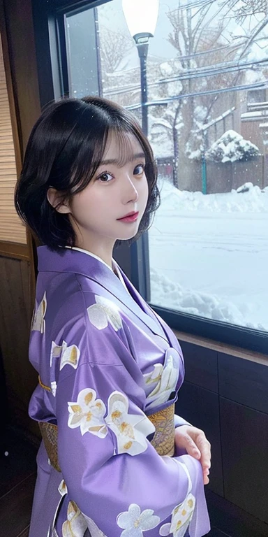 (Purple translucent Kimono)、(top-quality,masterpiece:1.3,超A high resolution,),(ultra-detailliert,Caustics),(Photorealsitic:1.4,RAW shooting,)Ultra-realistic capture,A highly detailed,high-definition16Kfor human skin、 Skin texture is natural、enormous round breasts、The skin looks healthy with an even tone、 Use natural light and color,One Woman, Japanese,kawaii,A dark-haired,Short bob hair, head to knee, (depth of fields、chromatic abberation、、Wide range of lighting、Natural Shading、)、(Exterior light at night:1.4)、(Falling snow:1.2)、(Hair swaying in the wind:1.1)、(Light reflecting snow:1.2)、