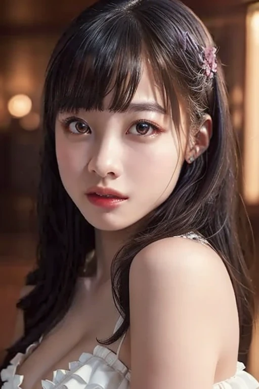 ((highest quality)), ((masterpiece)), (detailed), Perfect Face(((Vulgarity)))、((Ultimately realistic))、B89 W58 H85、Pink frills、Lolita Dress、Cleavage、bed、Shortcuts、Korean Idols、vivid、shiny young skin、stage