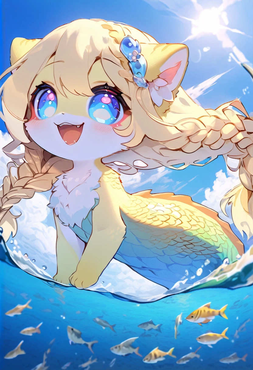 1female\((upper-body kitten:1.3),lower-body fish,mermaid,beautiful scale reflecting prism,beautiful tail fin reflecting prism,cute,kawaii,age of 10,long braid hair,blonde,singing beautiful song,eye color ocean blue,big eyes,dynamic pose,big smile,open mouth\), BREAK ,background\(under the beautiful clean sea,beautiful fishes,big ship\), BREAK ,quality\(8k,wallpaper of extremely detailed CG unit, ​masterpiece,hight resolution,top-quality,top-quality real texture skin,hyper realisitic,increase the resolution,RAW photos,best qualtiy,highly detailed,the wallpaper,cinematic lighting,ray trace,golden ratio\),dynamic angle,landscape,[nsfw:2.0],[nsfw]