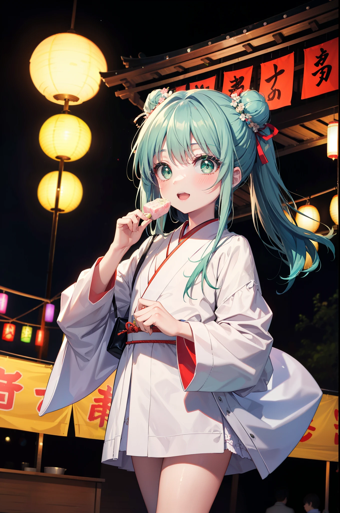 index, index, (Green Eyes:1.5), Blue Hair, Long Hair, (Flat Chest:1.2),smile,blush,Happy atmosphere,Open your mouth,Long Hair,Hair Bun, double  Hair Bun,White bathrobe,Long sleeve,mini skirt,Sandals,night空の花火,Fireworks display,Japanese Festivals,Summer festival food stalls,Red Lantern, night,whole bodyがイラストに入るように,Looking down from above,He is holding cotton candy in his right hand,
break outdoors, shrine,                                              break looking at viewer,whole body,(Cowboy Shot:1. 5)
break (masterpiece:1.2), highest quality, High resolution, unity 8k wallpaper, (shape:0.8), (Beautiful and beautiful eyes:1.6), Highly detailed face, Perfect lighting, Extremely detailed CG, (Perfect hands, Perfect Anatomy),