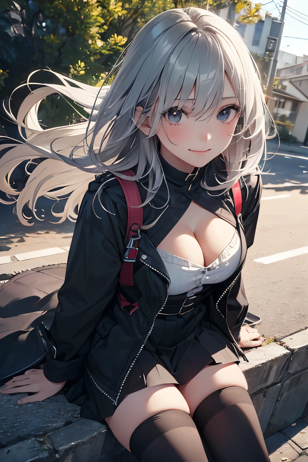 (One girl, 18 years old:1.3), (Realistic:1.4), (masterpiece, highest quality, highest quality, Official Art), Very detailed, Most detailed, (Super detailed), ((Very delicate and beautiful)), Cinematic Light, (Realistically:1.3), (Highly detailed skin:1.2), High resolution, 8k UHD, 4K, 8k, Bokeh, Digital single-lens reflex camera,(Cute older sister:1.3)、Long eyelashes、Slanted Eyes、smile,Spring atmosphere、noon、Aggressive、((Strong winds))、Black knee-high socks、 Dynamic Angle, From above, Moderately breasted, Cleavage, Spread your legs a little、Henry Shirt、skirt、Silver Hair