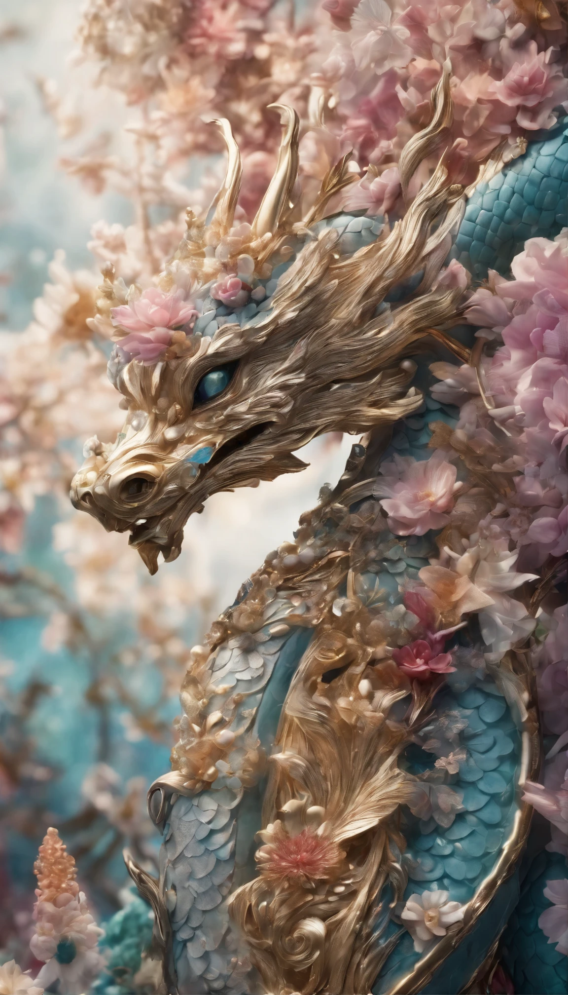All expressed with jewels, the arrival of spring, various beautiful colorfull dragon coming towards us, angles looking up from below, various jewels falling from the sky, wonderful and beautiful superb view, slightly hazy, fantastic, high resolution, 8K, (best quality, highres, realistic:1.37), shiny metallic flowers, intricate and delicate petals, reflective surfaces, vibrant colors, intricate details, close-up view, surreal garden, surreal beauty, dreamy atmosphere, fine art, abstract botanicals, metallic sculpture, contrasting textures, ethereal glow