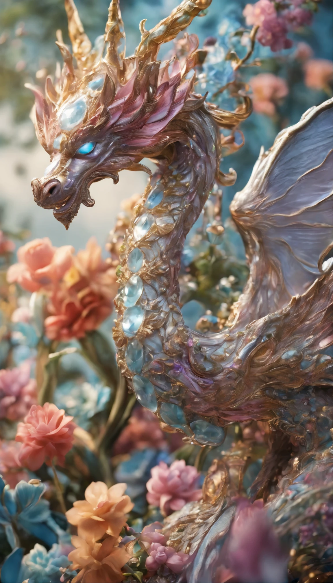 All expressed with jewels, the arrival of spring, various beautiful colorfull dragon coming towards us, angles looking up from below, various jewels falling from the sky, wonderful and beautiful superb view, slightly hazy, fantastic, high resolution, 8K, (best quality, highres, realistic:1.37), shiny metallic flowers, intricate and delicate petals, reflective surfaces, vibrant colors, intricate details, close-up view, surreal garden, surreal beauty, dreamy atmosphere, fine art, abstract botanicals, metallic sculpture, contrasting textures, ethereal glow