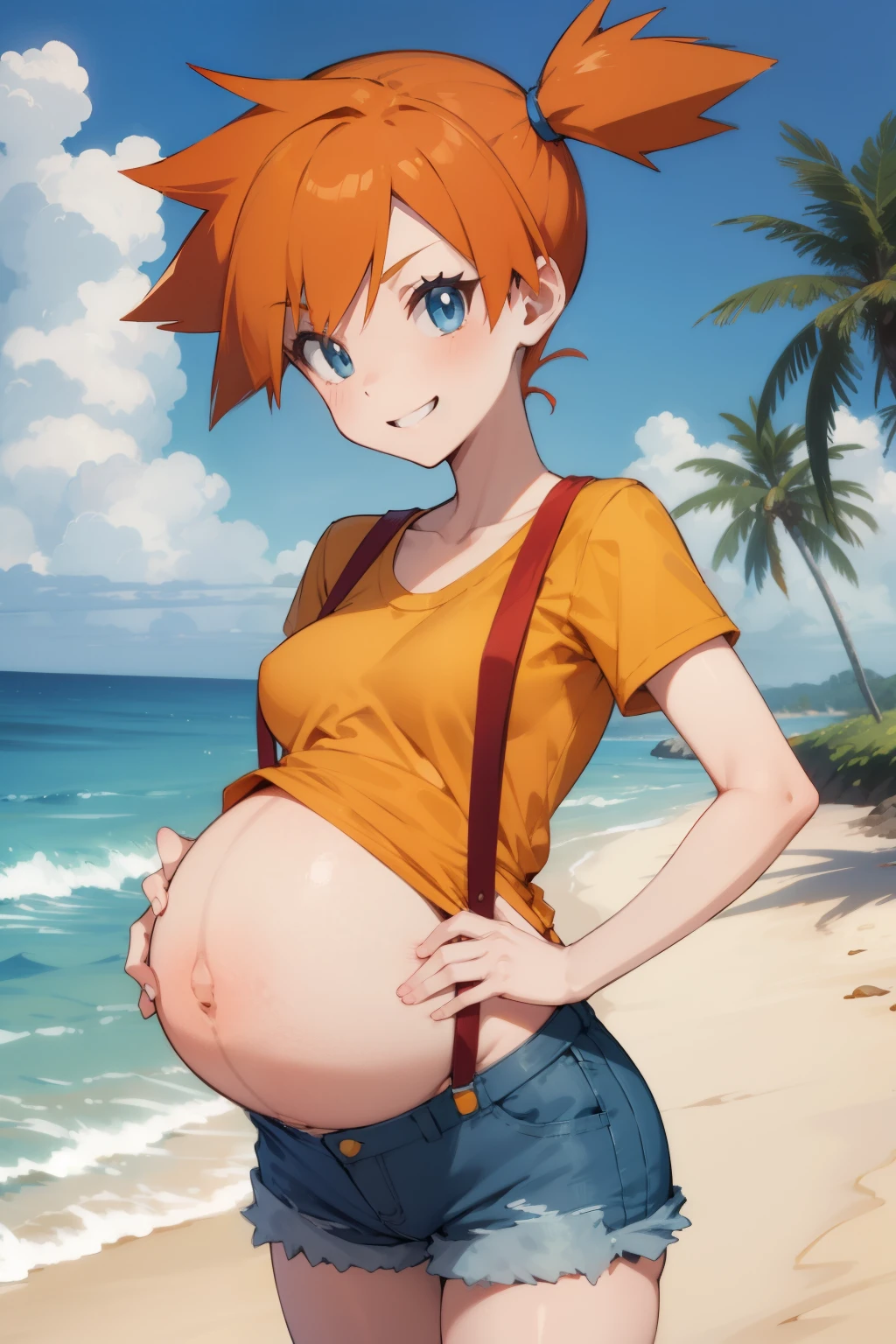 misty pokemon, short hair, orange hair, blue eyes, red suspenders,, denim cutoffs, orange hair, ponytail, smiling, standing, beach setting, PregDef, pregnant, , big belly, yellow shirt, large areolae
