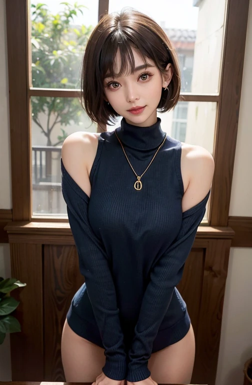 ((Top quality、Top image quality、Ultra HD、以Ultra HD分辨率绘制、solo、Look directly into the camera))、1 girl、Realist、Depth of Field、Natural soft lighting、daytime、Enchanting、Beautiful face、cleanliness、Pure face、White skin、Kawaii、short hair、beach、Sunlight、Medium breasts、whole body、((Dark blue sweater、Golden ratio beauty face))、Long Neck、Stretch out your ears、Clean and neat short bangs bob hairstyle、shut up，smile very happily、Perfect hands指、Perfect hands、Perfect body、face perfect、shine light into eyes、Perfect anatomical structure、Tall supermodel、Long-legged supermodel、Supermodel with a Long Neck、Shoulders are wider、Your arms should be lowered to your sides.、Standing、Cowboy shooting、Bright windowsill background、smile at the audience、Beautiful Teeth、Beautiful Teeth alignment、Open-minded、Beautiful breasts、Wet hair、Moist skin、Wet sweater、earrings, Red Eyes, White short top、Not worn、Not worn