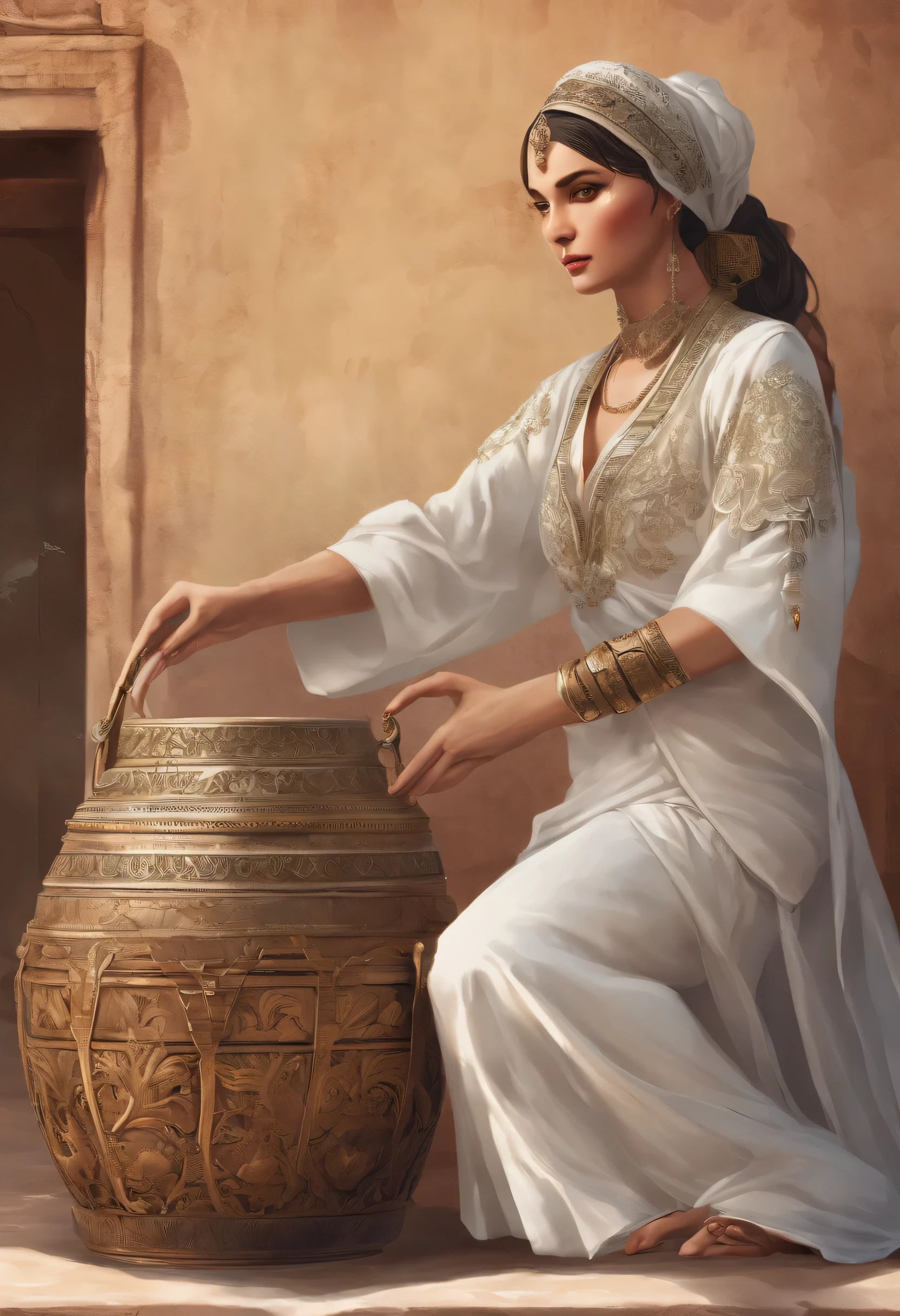 One morning in ancient Rome,The sun shines softly on the exquisite marble courtyard。A noblewoman in a gorgeous robe sits on the edge of a bathing pool carved from ivory marble,Surrounded by intricately carved columns and lush vegetation,The air is filled with the faint scent of lavender。Her golden curly hair gently draped over her shoulders,A few strands of hair dancing in the breeze。
Beside,A maid carefully holds a beautiful pottery jar,The can is filled with pure white donkey milk。This donkey milk is carefully selected from the countryside and delivered to the noble mansion in a timely manner.,To ensure its freshness and purity。The maid gently poured the donkey's milk into a jeweled silver bowl.,The milky white liquid shimmers softly in the morning light.。reality,detail