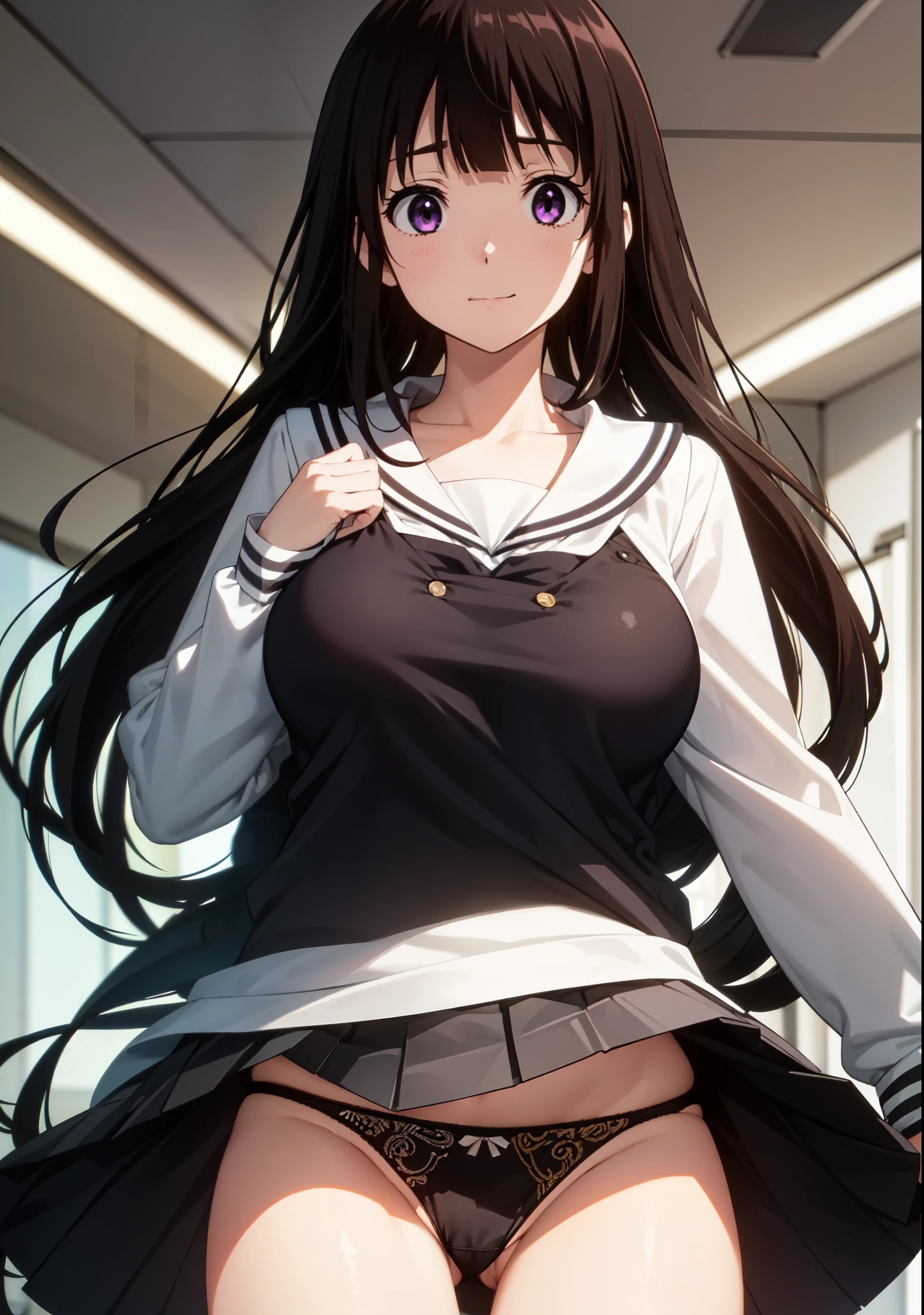 eruchitanda, This is Chitanda, Long Hair, Black Hair, bangs, blunt bangs, (Purple eyes:1.1), Side Lock, smile, skirt, , serafuku, kamiyama high \(hyouka\), Black Skirt, Long sleeve, Black sailor collar, 
Stiff shoulder, (Big Breasts:1.5), Hot face, 赤面 break, break 教室, blackboard, machine, Chair, School Bags, Tabletop, ((Back view:1.3)), turn around, break looking at viewer, (Cowboy Shot:1.5), ((Dutch Angle:1.3)), ((spread legs:1.3)), ((Showing panties:1.3)), break (masterpiece:1.2), highest quality, High resolution, unity 8k wallpaper, (figure:0.8), (Beautiful fine details:1.6), Highly detailed face, Perfect lighting, Highly detailed CG, (Perfect hands, Perfect Anatomy),

