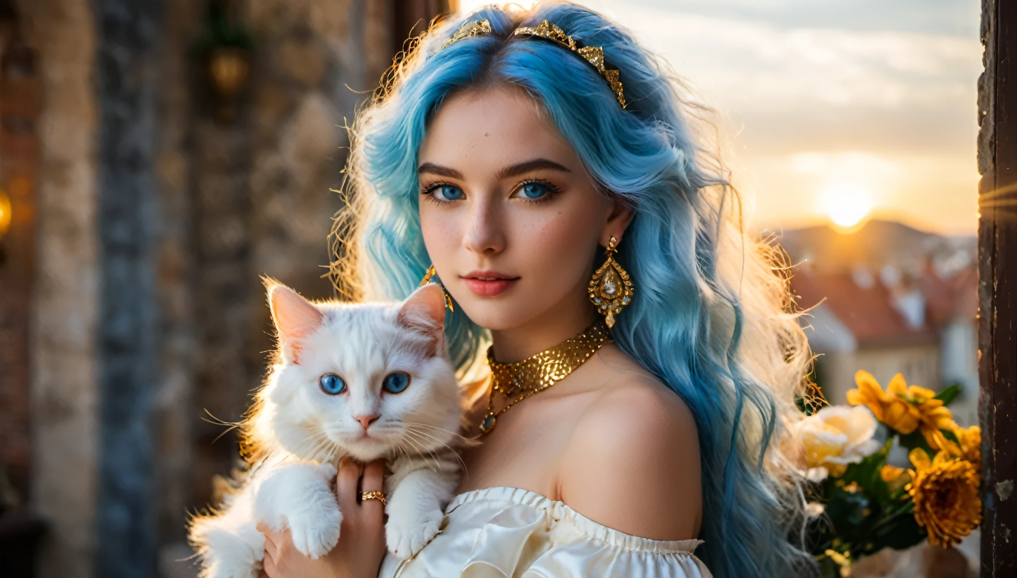 (1girl:1.15) holding a cat in her arms, beautiful fluffy cat, girl has long voluminous fluffy blue hair, perfect eyes, (European:1.3), blue eyes, 25 years old, young, (white dress:1.3), perfect body, body, (large earrings:1.2), (golden and diamond jewelry:1.2), (inviting expression:1.3), choker, (cream eyeliner:1.3), with subtle freckles, subtle skin blemishes, visible skin pores, natural skin texture, cozy castle bedroom, window, photorealistic, masterpiece, (golden hour:1.3), (warm glow:1.3), warm colors, (50mm f/1.2 portrait:1.3), RAW Photograph, leica full frame camera, high quality, insane details, masterpiece, 8k
