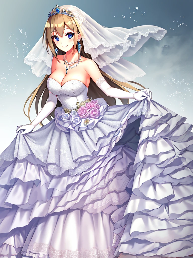 ((Best quality))), ((Ultra-detailed)), ((illustration)), ((Disheveled hair)), ((frilld)), (1 girl), (Solo),,1girl, solo, rating:safe, wedding, bare_shoulders, breasts, bridal_gauntlets, bridal_veil, cleavage, clothing, crown, curtsey, dress, drop_earrings, earrings, elbow_gloves, female, female_only, gloves, headdress, headwear, jewelry, layered_dress, long_hair, looking_at_viewer, necklace, skirt_hold, smile, standing, strapless, strapless_dress, tiara, veil, very_long_hair, white_dress, white_footwear, white_gloves