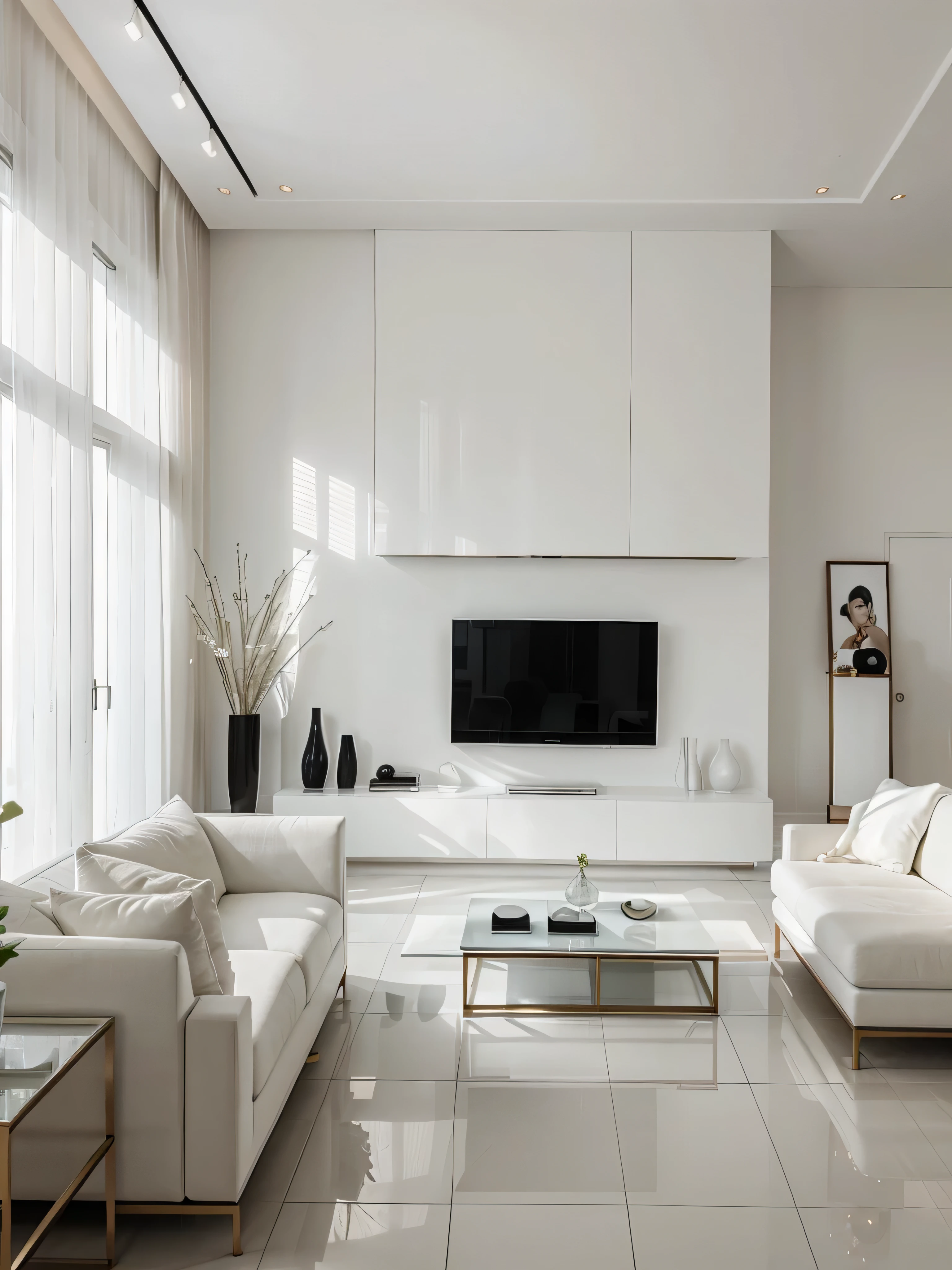 arafed living room with a large white couch and a large television, elegant and refined, white color scheme, modern living room, all white render, cozy contemporary living room, interior living room, minimalistic and beautiful, luxurious environment, luxury hd render, black and white scheme, living room interior design, living room, living room vibe, interior design living room, loose tiles