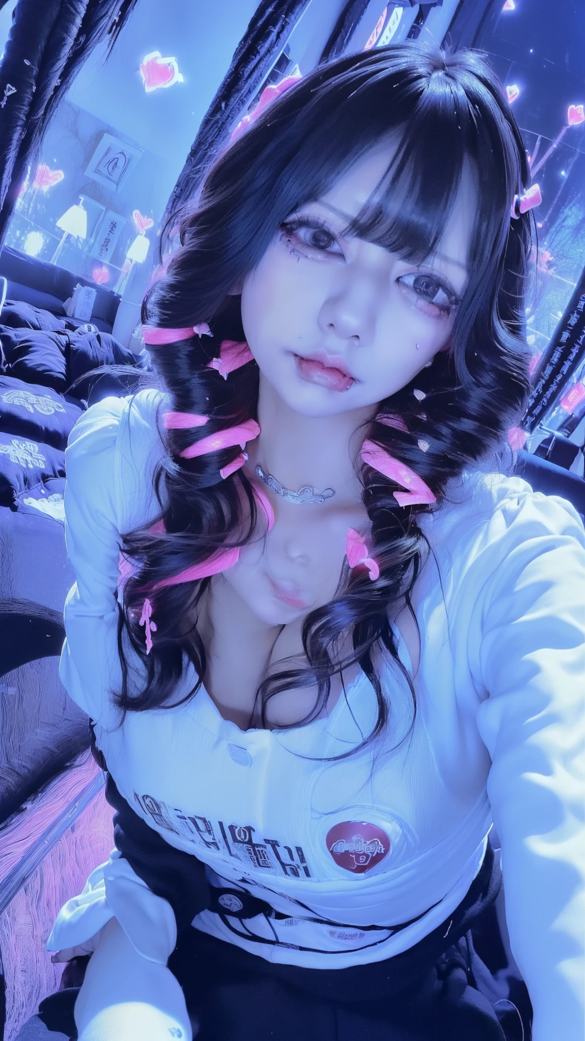 (mega boobs:1.5),
masterpiece、Official Art:1.2, highest quality, Ultra-high resolution , 8k, 32k、One Girl、Long Hair Girl、Beautiful Japanese Women、 jirai girl、(Nightlife:1.3, night:1.8, Dark Room:1.8, Love hotels in Japan:1.8), full shot、