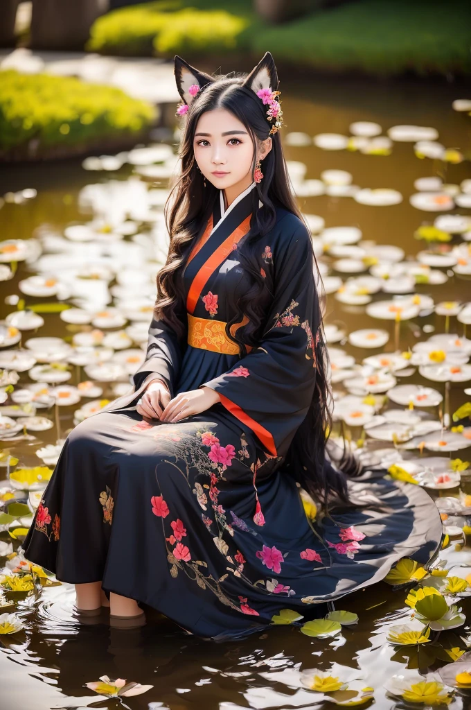 a 16 year old girl in a vibrant chinese hanfu dress, sitting on the water of a lotus pond, with fox ears, floating hair and dress, detailed portrait of a beautiful girl, simple line art, intricate details, masterpiece, vivid colors, high resolution, hyper detailed