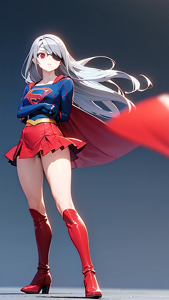 (full body), (masterpiece:1.2), (Highest_quality:1.2), (Ultra_detailed:1.3), 8k,Low - Angle，From below，Big Butt Girl, Medium chest, Pose in front,Bare legs，Red Boots，3D Rendering,( Supergirl)，laura bodewig, long hair, (red eyes:1.3), grey hair, eyepatch,Red Skirt，the skirt is short,，A blue leotard is visible under the skirt.，The skirt is blown up by the wind，Red Cape，Gloves，Simple Background，White Background，