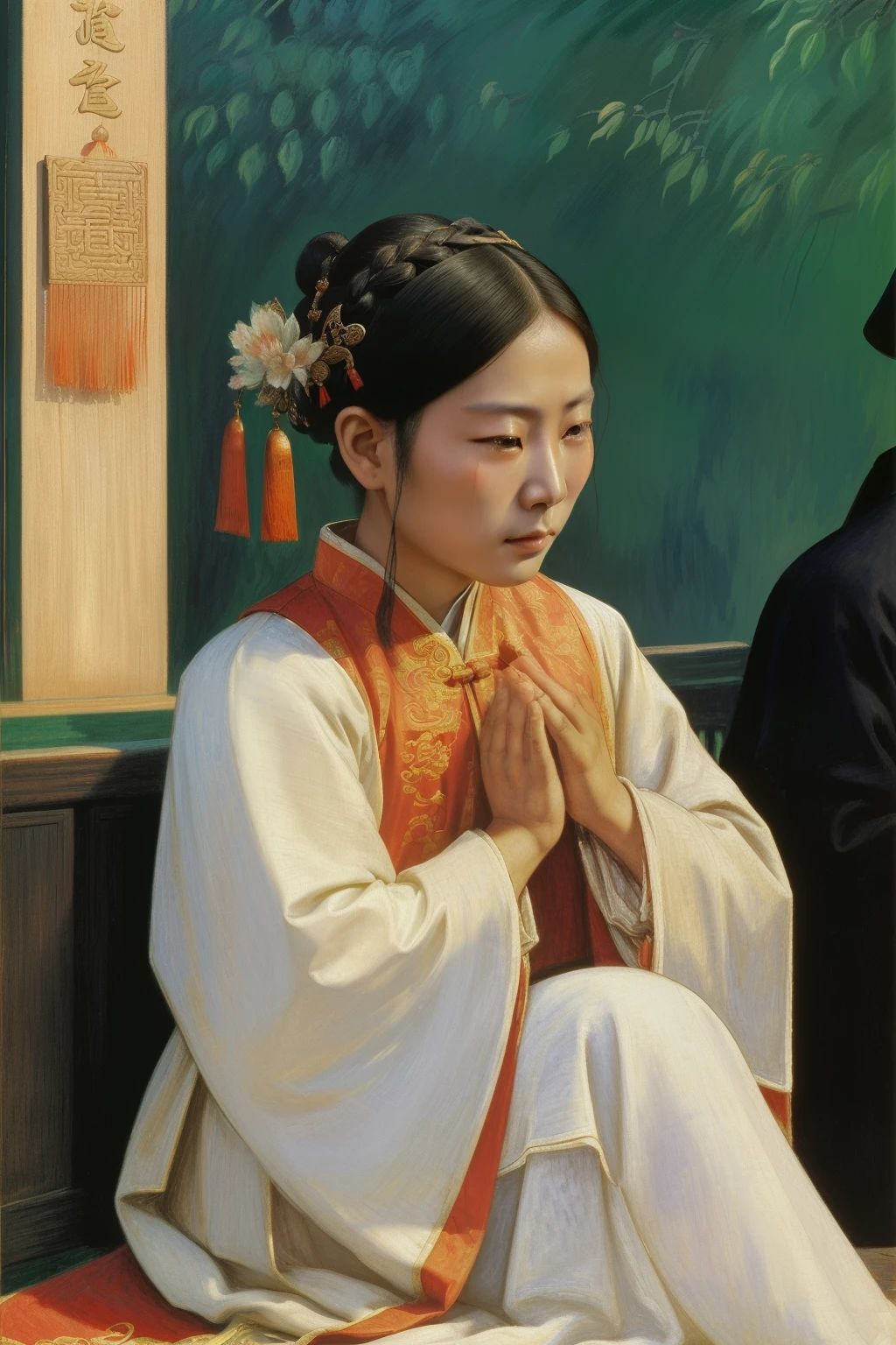 China, 1491. A young ((((30-year-old)) Tan Yunxian)), in a funeral, ((sad expression, crying big tears)), ((((chinese clothings from the 1490s)))), ((hairstyle of the 1490s)), ((colorful, Monet))