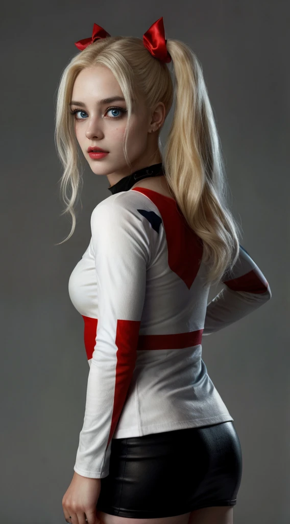 HarleyQuinn, light blue eyes, (best quality,ultra-detailed),(Realistic:1.37), beautiful and detailed face, Ultra-realistic texture, delicate face, athletic body, vivid colors. High definition, 8K.