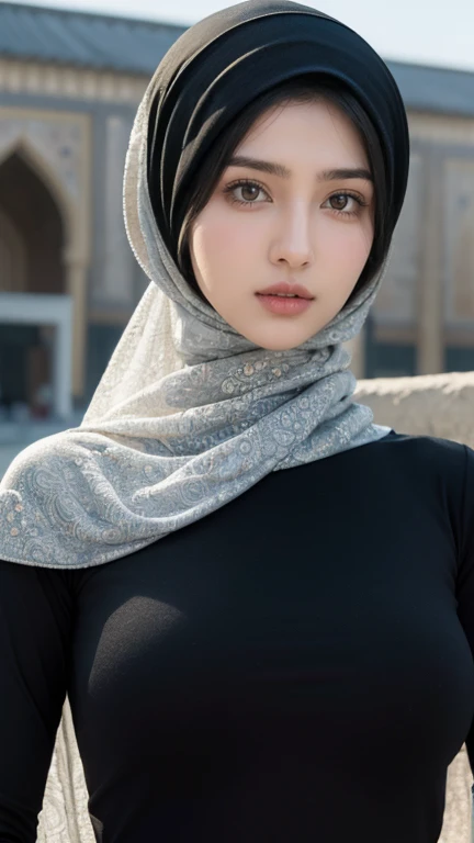 (Masterpiece, top quality, best quality, official art, beautiful and aesthetic: 1.2)
(1girl)
(Hyuga Hinata from Naruto anime, long black hair, radiant white eyes, captivating with Byakugan eyes)
(Beautiful, ethnic allure in thin Black clothes)
(Majestically posing against a mosque background, wearing a hijab that covers her head)
(Ultra detail, realistic representation of fabric texture, wrinkles, and intricate hijab design)
(Her mesmerizing eyes reflecting tranquility and strength, gaze fixed on the viewer)
Proportional body, perfect body figure, alluring, glamorous, sexy, portrait, big breasts,