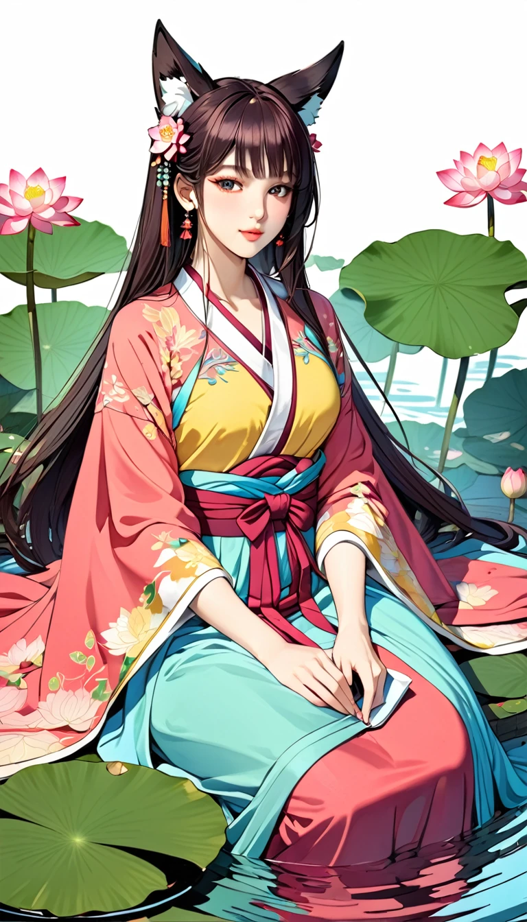 a 16 year old girl in a vibrant chinese hanfu dress, sitting on the water of a lotus pond, with fox ears, floating hair and dress, detailed portrait of a beautiful girl, simple line art, intricate details, masterpiece, vivid colors, high resolution, hyper detailed