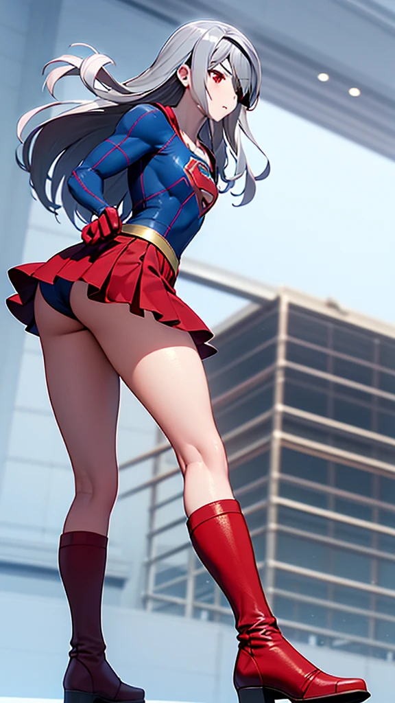 (full body), (masterpiece:1.2), (Highest_quality:1.2), (Ultra_detailed:1.3), 8k,Low - Angle,From below,Big Butt Girl, Medium chest, Pose in front,Bare legs,Red Boots,3D Rendering,( Supergirl),laura bodewig, long hair, (red eyes:1.3), grey hair, eyepatch,Red Skirt,the skirt is short,,A blue leotard is visible under the skirt.,The skirt is blown up by the wind,Red Cape,Gloves,Simple Background,White Background,