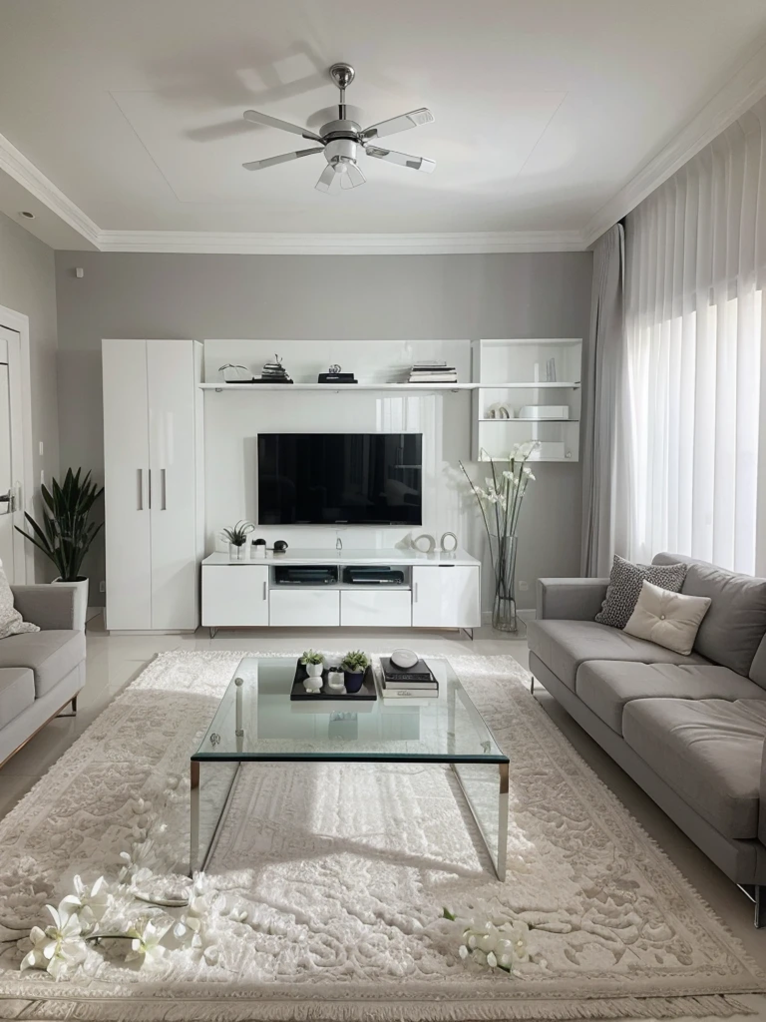 A modern living room with a minimalist design featuring a large L-shaped white sectional sofa adorned with white and gray throw pillows. A sleek glass coffee table with decorative white vases sits on a plush gray area rug. Tall glass vases with white flowers embellish both the floor and the coffee table. A large flat-screen TV is mounted on the wall above a white media console with small decorative items. The room is brightened by large windows with flowing white curtains, and the ceiling features modern recessed lighting. The overall ambiance is clean, airy, and sophisticated. loose Tiles