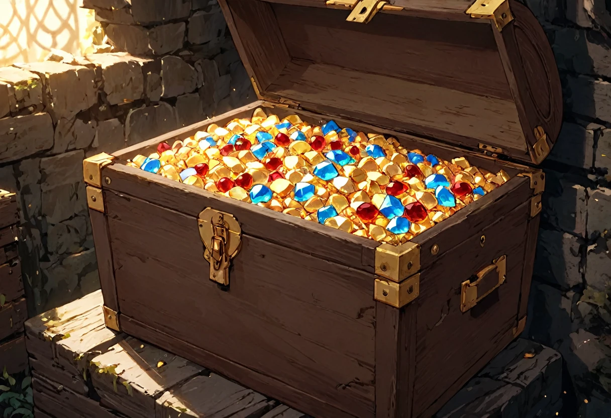 Old treasure chest full of gems in dark ruins, (masterpiece), highest quality, High resolution, 4K, 8k, Intricate details, Cinema Lighting, Great quality, Great shade, Soft lighting, Detail view, Official Artwork, Anime Style, wallpaper, Official Art