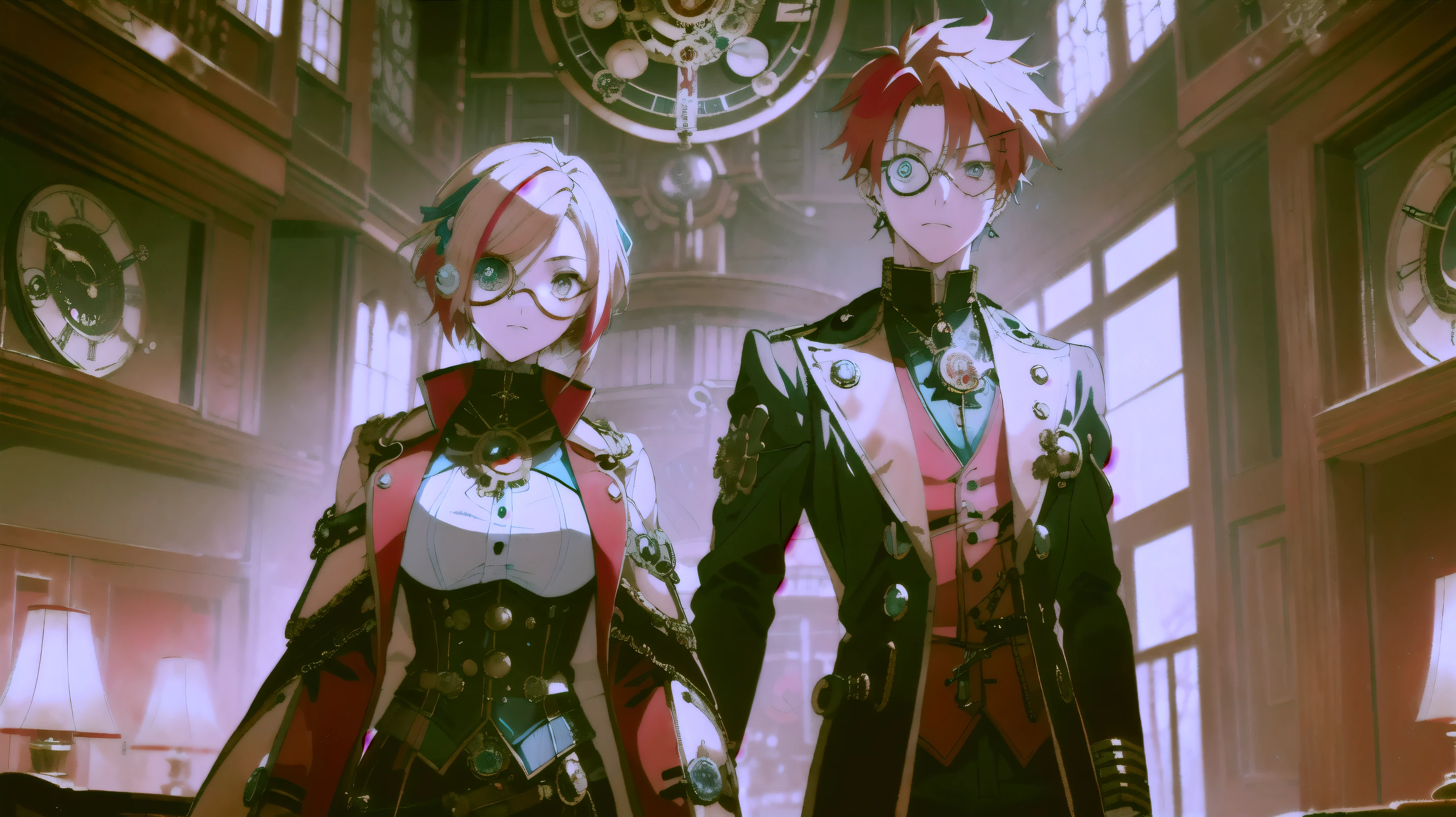 (masterpiece,Highest quality),((Androgynous anime boy with red and blonde mesh hair wearing a steampunk-style outfit and a monocle)),  [ Digital Art ]!!, 2D Anime Style, !!Wearing a monocle!!,((Clock motif brooch,Clock themed necklace)),((Red and blue odd eyes)),A room surrounded by gears and computers,Evil Laugh,Make the person&#39;s face stand out