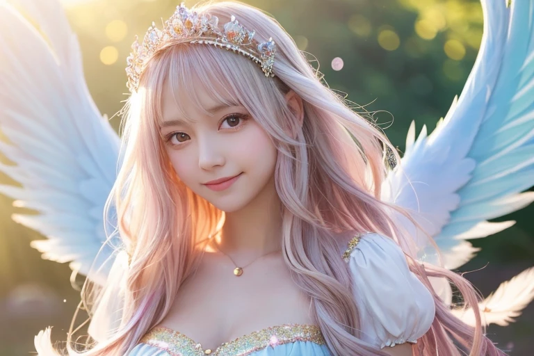 Use magic,Place your hand on your chest,tiara,Angel,Lolita,woman,Smile,Short sleeve,race,Lens flare,magical energy,healing,Sparkly Background,noon,summer,Light of the sun,Light background,Light blue sky,cute,Princess,clear,happiness,Angelの羽根,Fairy Wings,Silky shiny hair,Glossy Skin,Long Hair,Fairyland,Soft light,,dream,hope,Pop Art,pastel colour,Big Rainbow,Sparkling Eyes,fine,Non-Adult,High resolution,light peach-colored hair,Wavy Hair,Thin eyebrows,Fluffy Feathers,White feathers fluttering