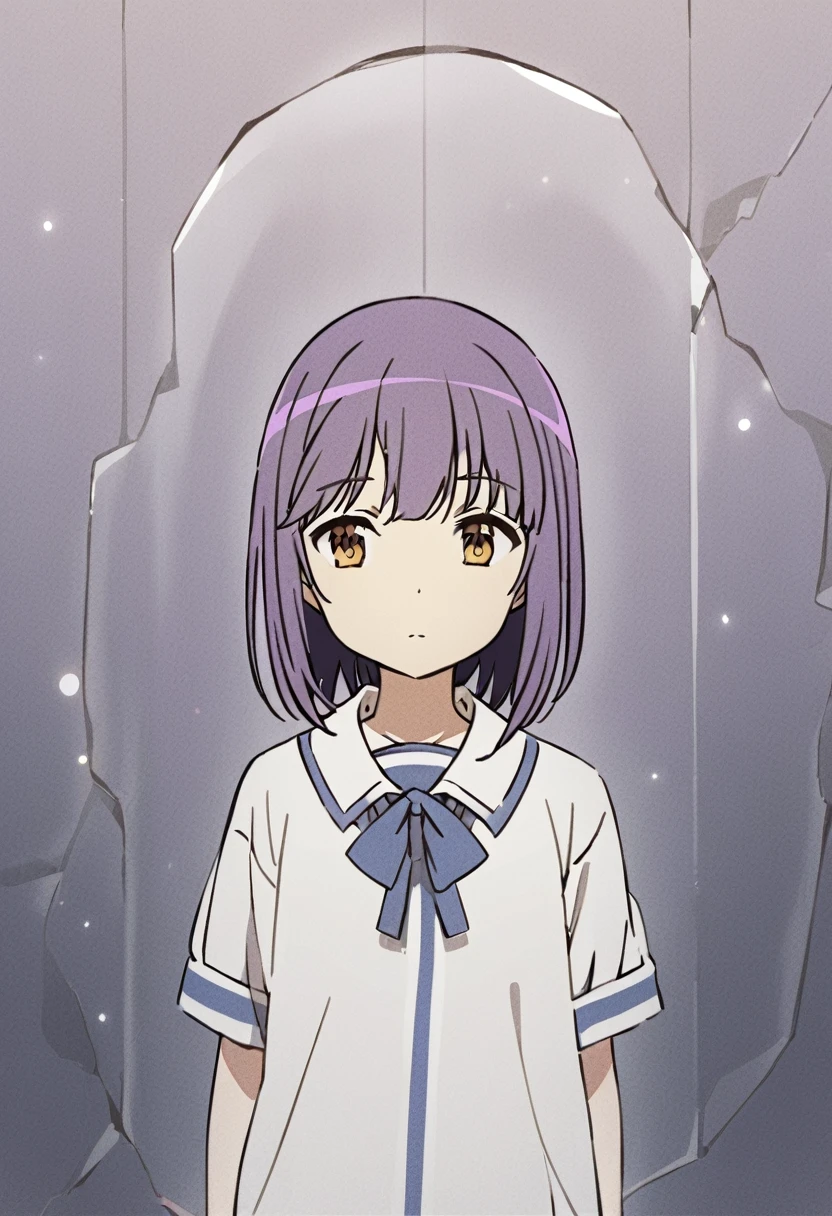 High school girl, purple hair, expressionless, fragile, quiet, Yuki Nagato, short hair, small
