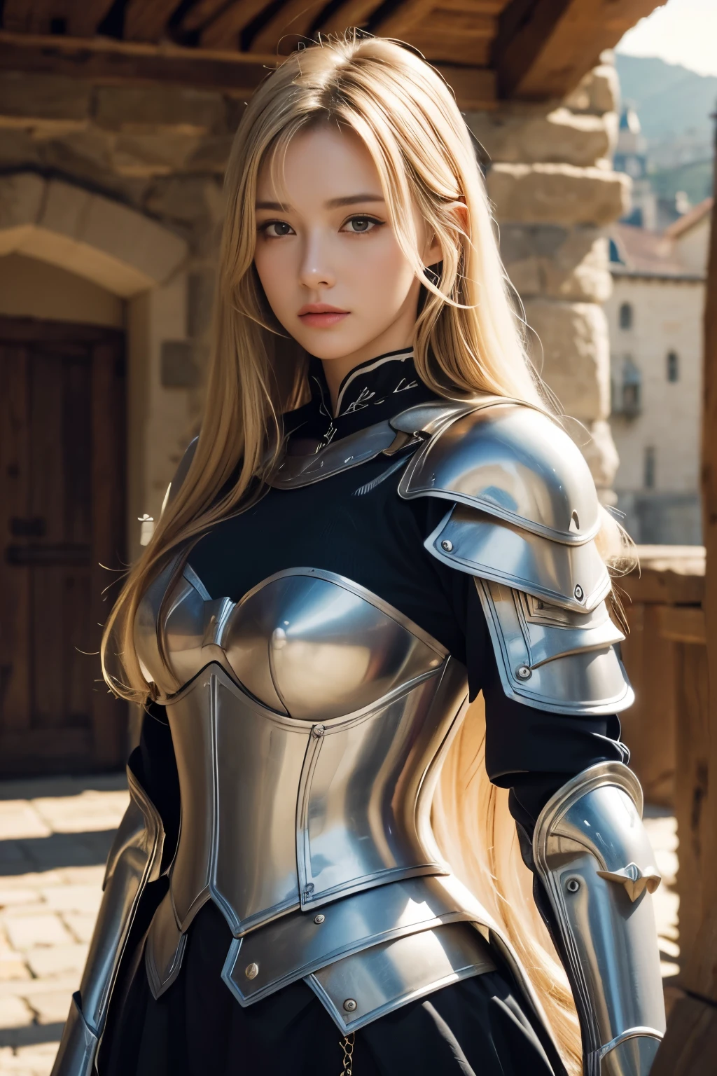 realistic lighting, top quality, 8K resolution, (masterpiece: 1.3), (clear focus: 1.2), 1 girl, delicate face, large double eyelids, sensuous expression, long blonde hair, knight, Armor, Long knives, Magic, Out, (date: 1.1), 1080p, hyper hd, group, very detailed, best quality, high detail, best quality, (cowboy_shot) , medieval castle background,